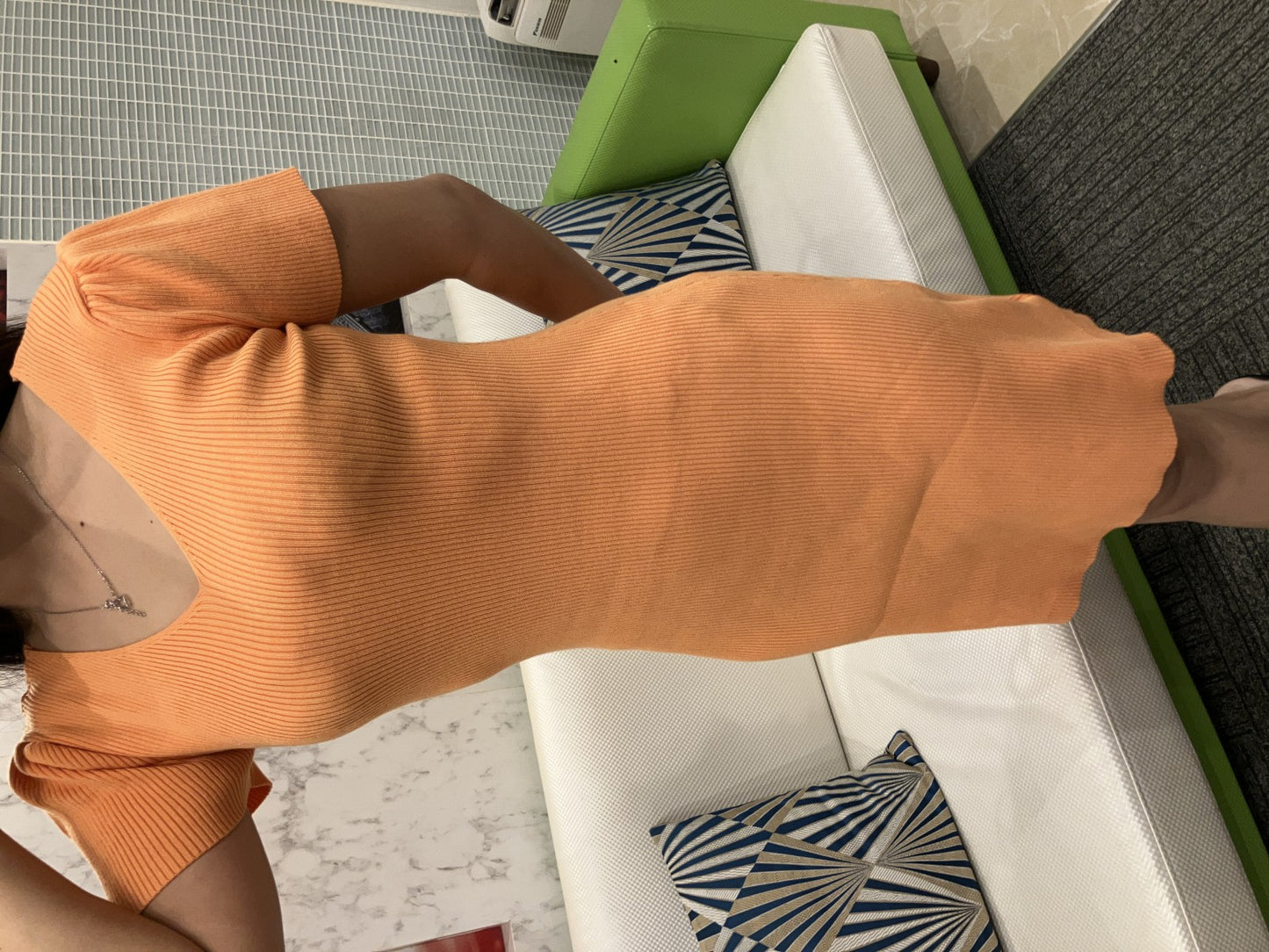 CHILLE Rib Knit Dress, Orange, V-Neck, Short Sleeves, Tight Fit, Stretch, One Size Fits All