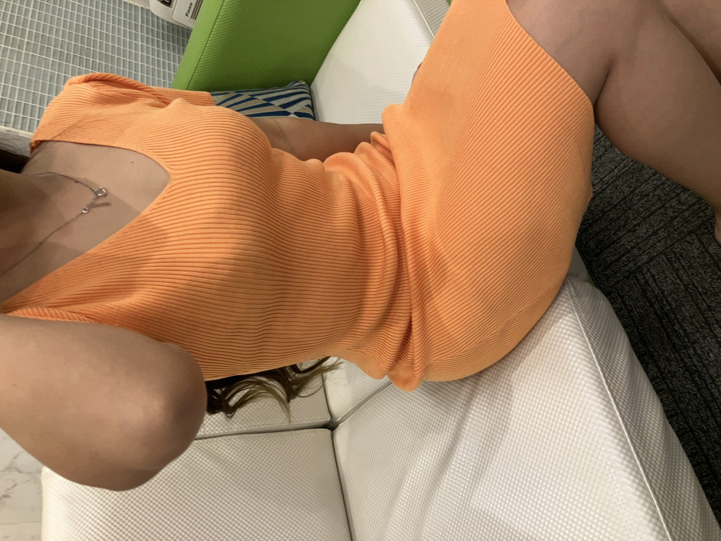 CHILLE Rib Knit Dress, Orange, V-Neck, Short Sleeves, Tight Fit, Stretch, One Size Fits All