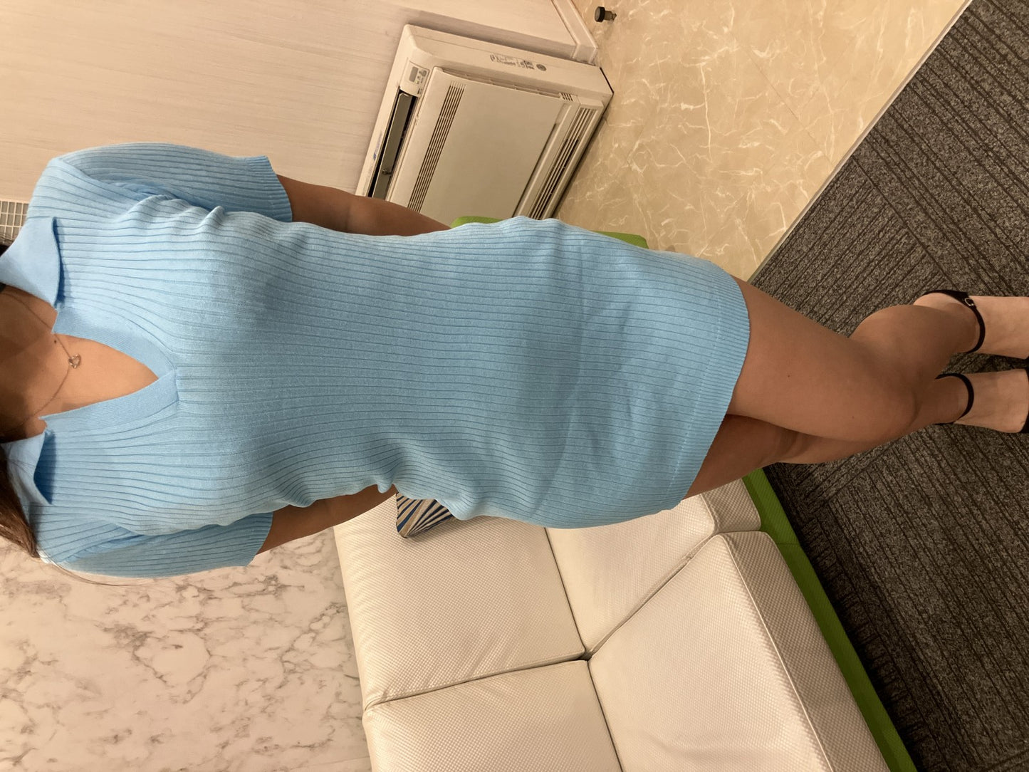 Latina ANAP Rib Knit Polo Collar Dress, Short Sleeves, Tight Fit, Mini Length, Light Blue, Size F, Model Worn