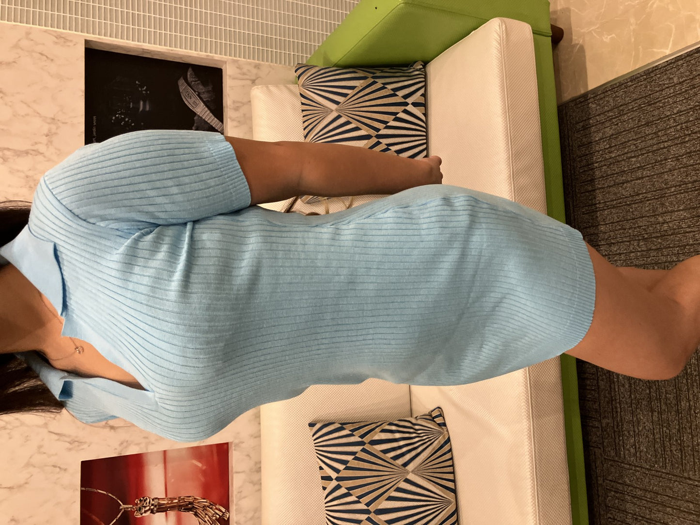 Latina ANAP Rib Knit Polo Collar Dress, Short Sleeves, Tight Fit, Mini Length, Light Blue, Size F, Model Worn