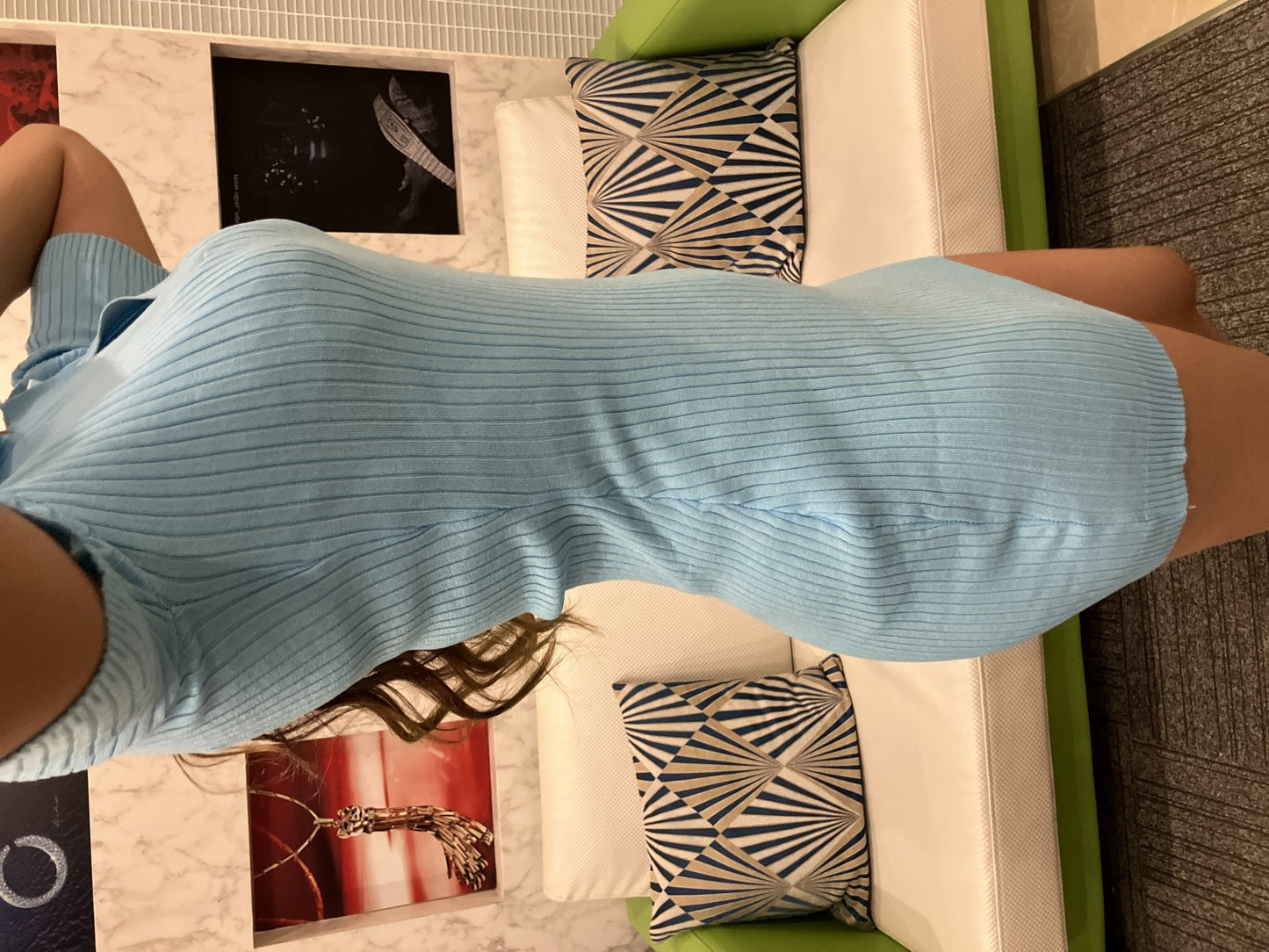 Latina ANAP Rib Knit Polo Collar Dress, Short Sleeves, Tight Fit, Mini Length, Light Blue, Size F, Model Worn