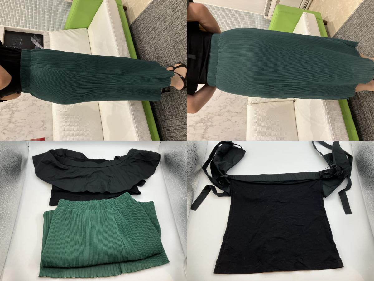 Used Yoko Chan YOKO CHAN Black Off Shoulder Ruffle Top Size 40 & Pleated Skirt Green Set Up Coordination Flare Style Women's Figure Covering Fashionable Clean Elegant Mode