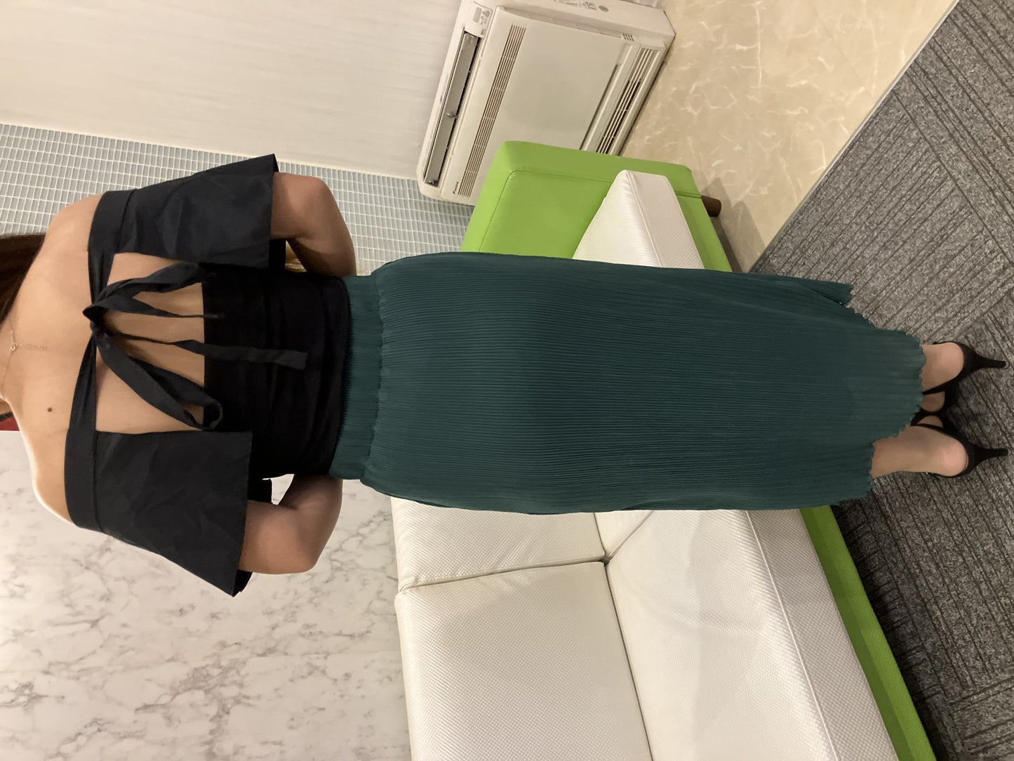 Used Yoko Chan YOKO CHAN Black Off Shoulder Ruffle Top Size 40 & Pleated Skirt Green Set Up Coordination Flare Style Women's Figure Covering Fashionable Clean Elegant Mode