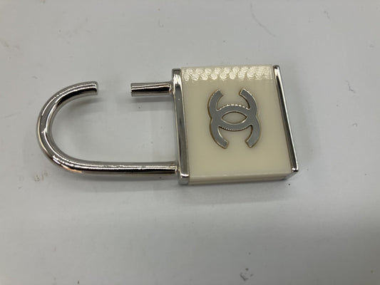 CHANEL 02C CC Logo Padlock Charm Ivory Silver Bag Charm Parts Italy Auth
