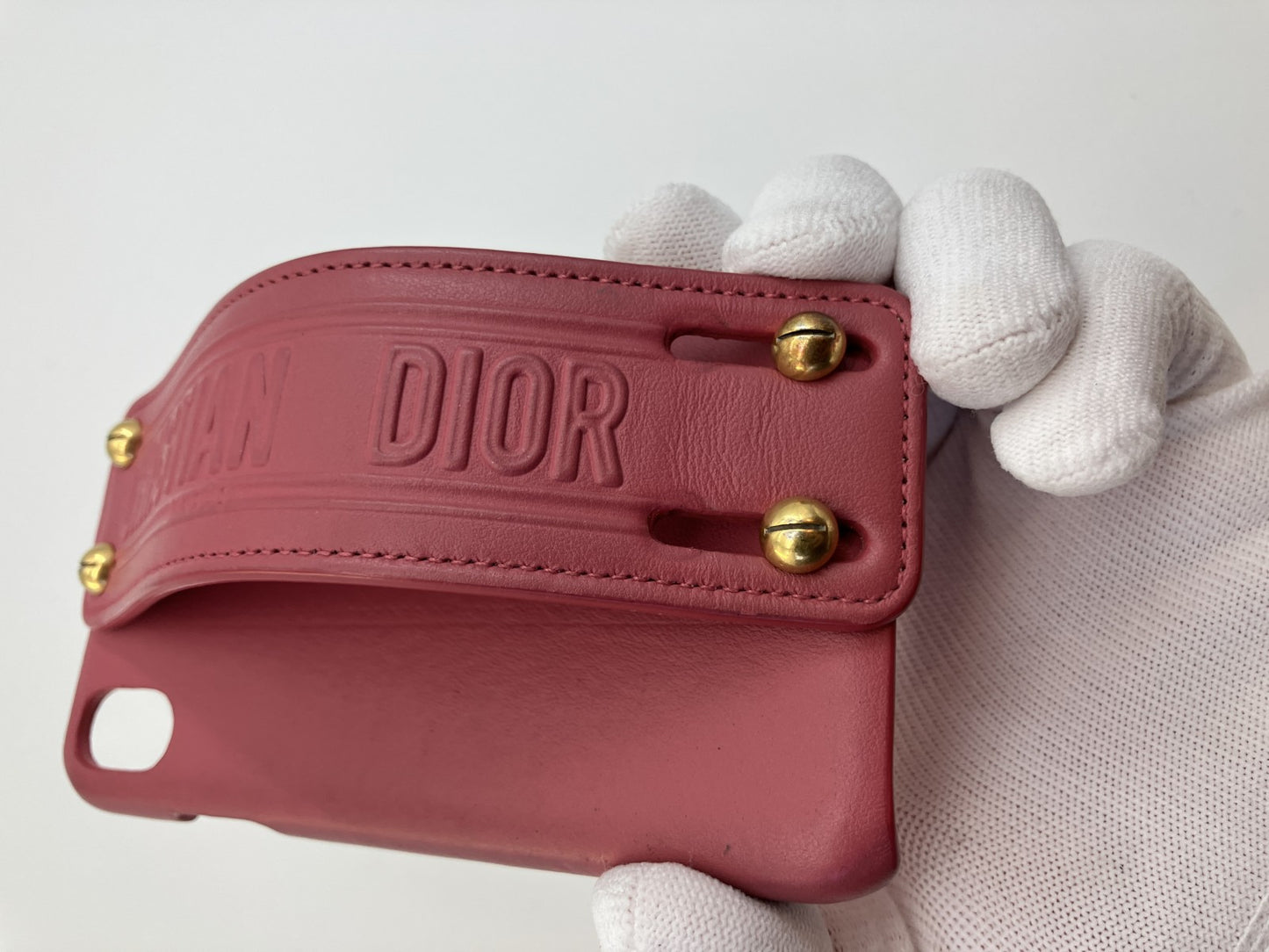 Christian Dior iPhone X/XS Case Red Leather Strap Handle Gold Studs Italy