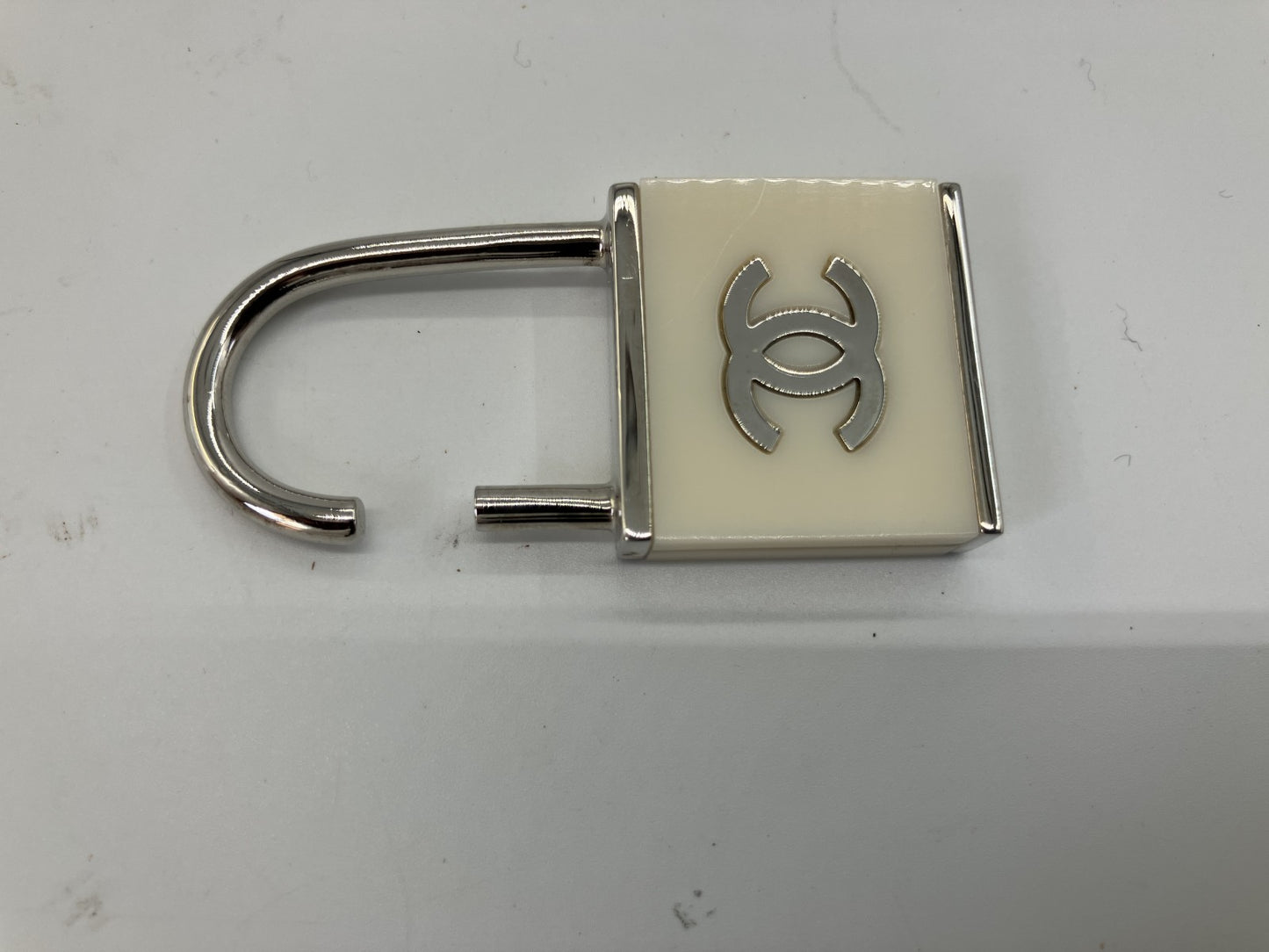 CHANEL 02C CC Logo Padlock Charm Ivory Silver Bag Charm Parts Italy Auth