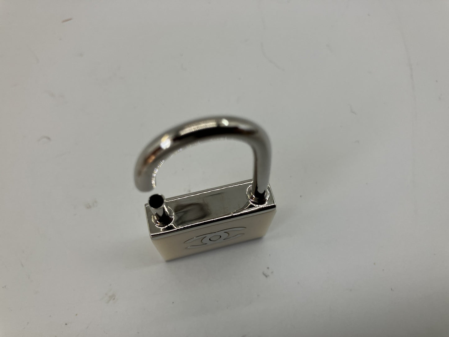 CHANEL 02C CC Logo Padlock Charm Ivory Silver Bag Charm Parts Italy Auth