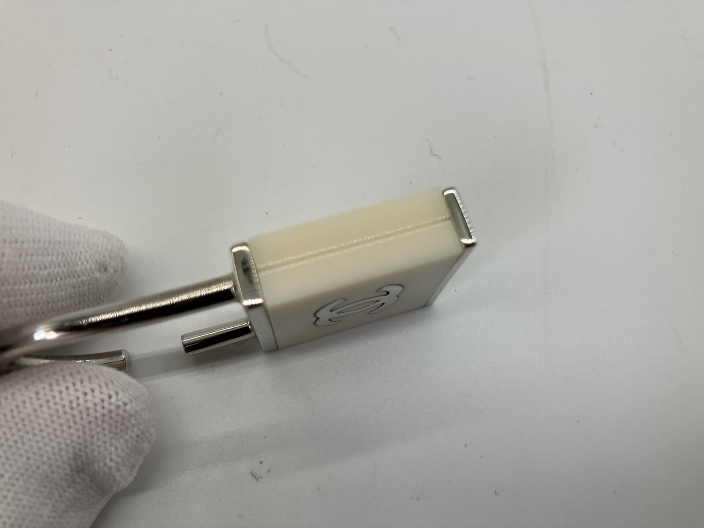 CHANEL 02C CC Logo Padlock Charm Ivory Silver Bag Charm Parts Italy Auth
