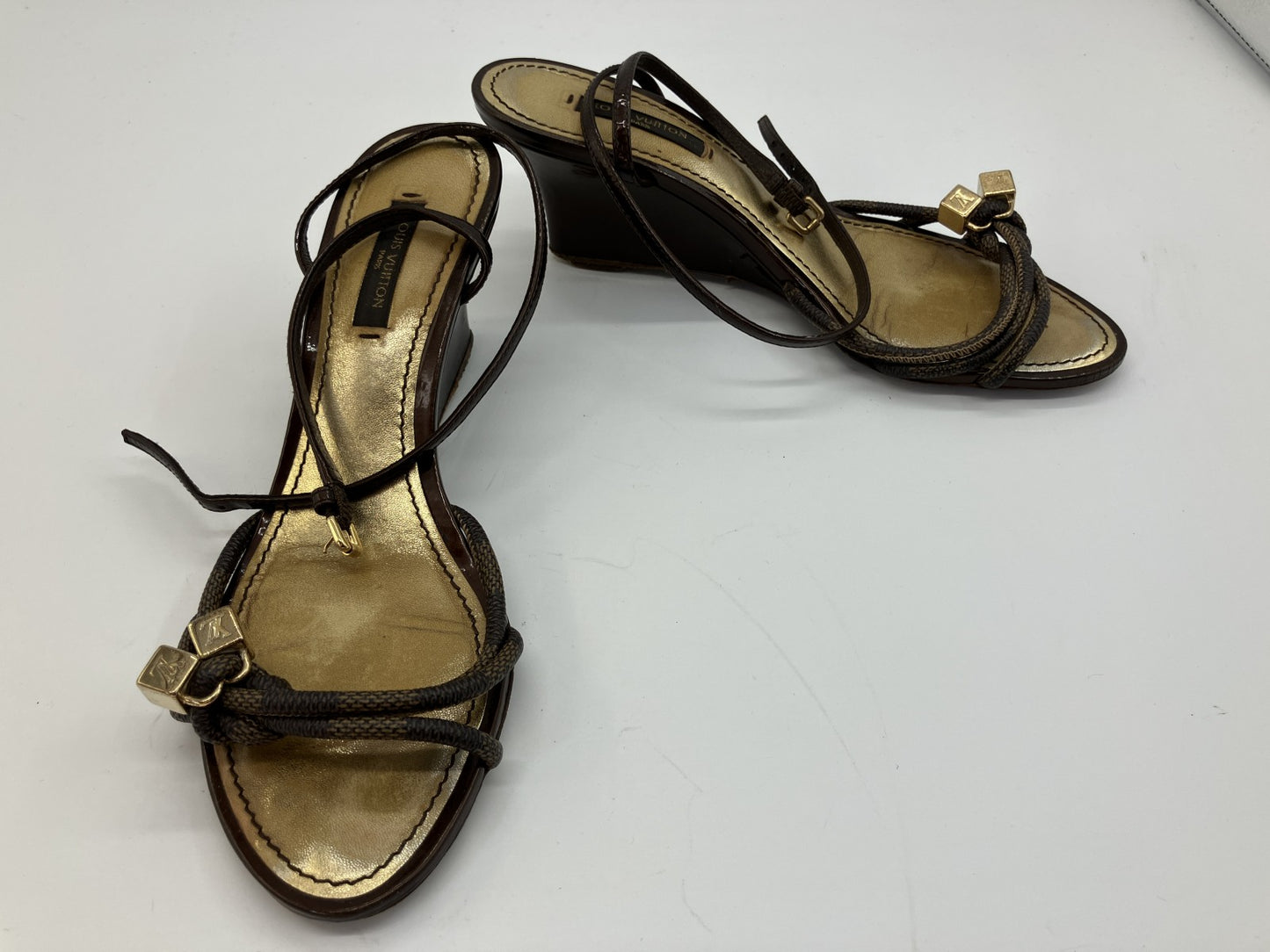 LOUIS VUITTON Damier Wedge Sandals Brown Gold Ankle Strap Women's