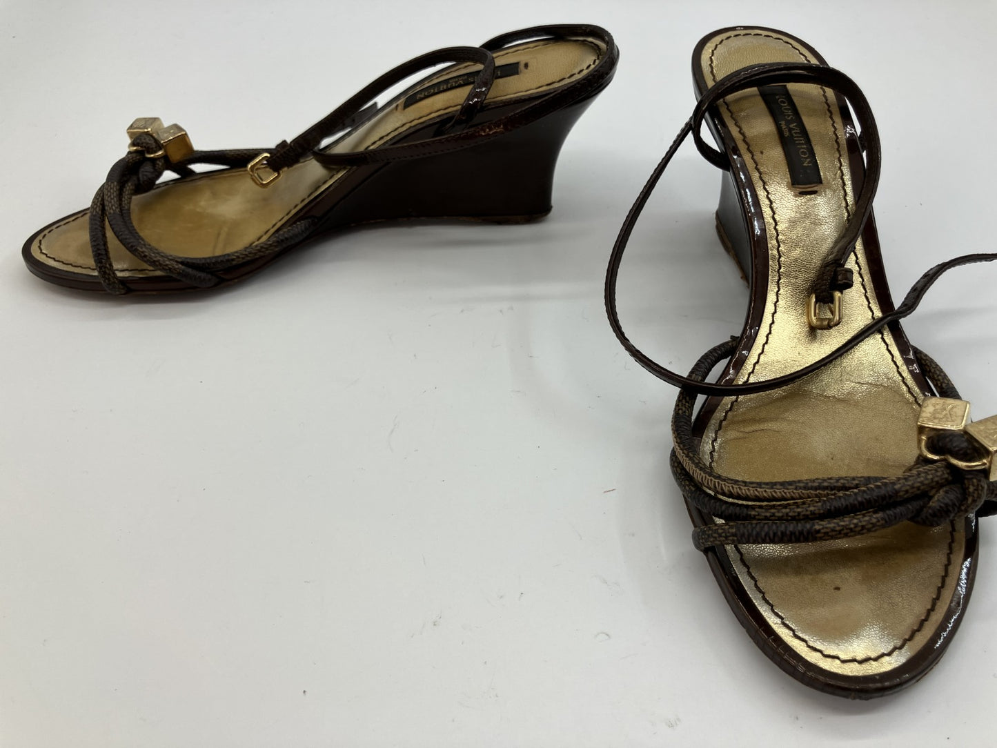 LOUIS VUITTON Damier Wedge Sandals Brown Gold Ankle Strap Women's