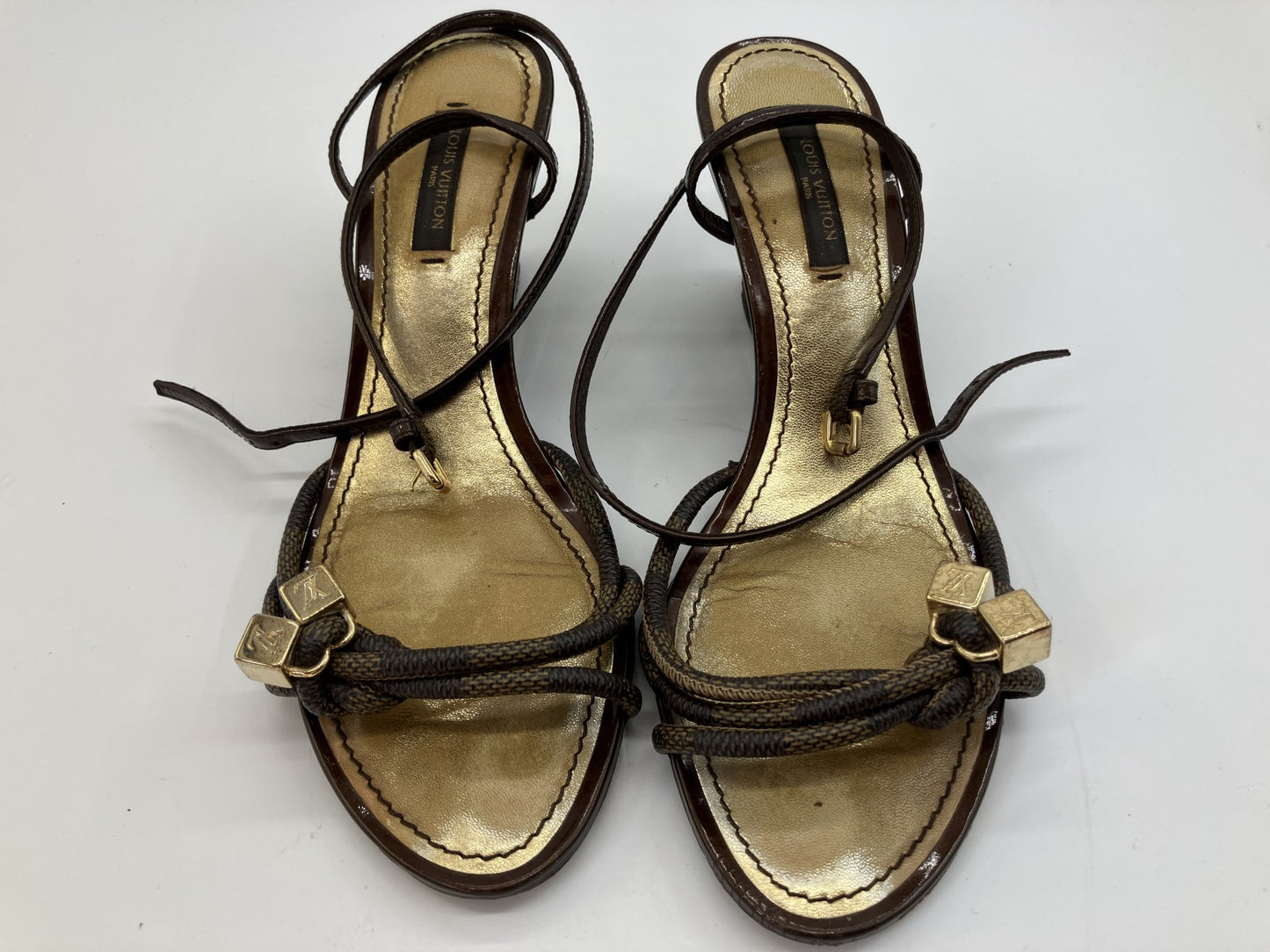 LOUIS VUITTON Damier Wedge Sandals Brown Gold Ankle Strap Women's