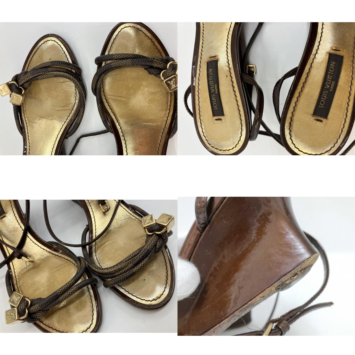 LOUIS VUITTON Damier Wedge Sandals Brown Gold Ankle Strap Women's