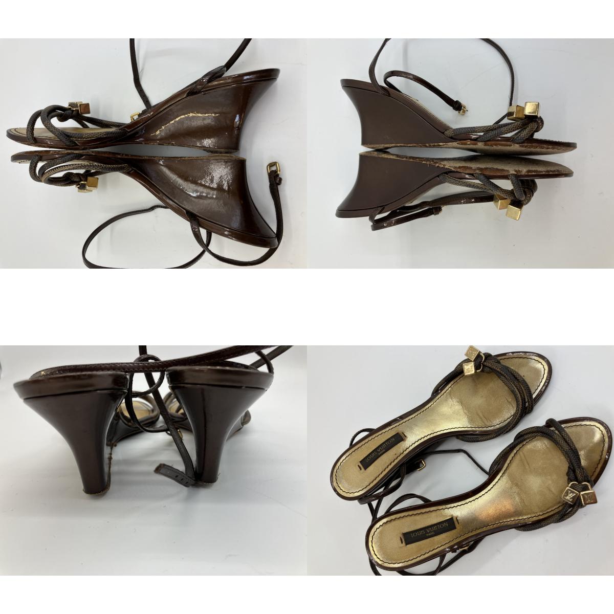 LOUIS VUITTON Damier Wedge Sandals Brown Gold Ankle Strap Women's