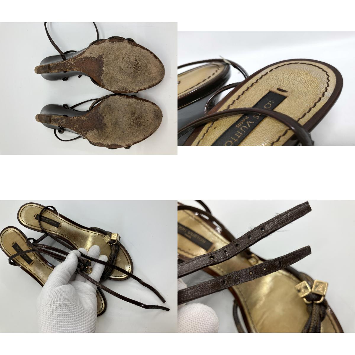 LOUIS VUITTON Damier Wedge Sandals Brown Gold Ankle Strap Women's