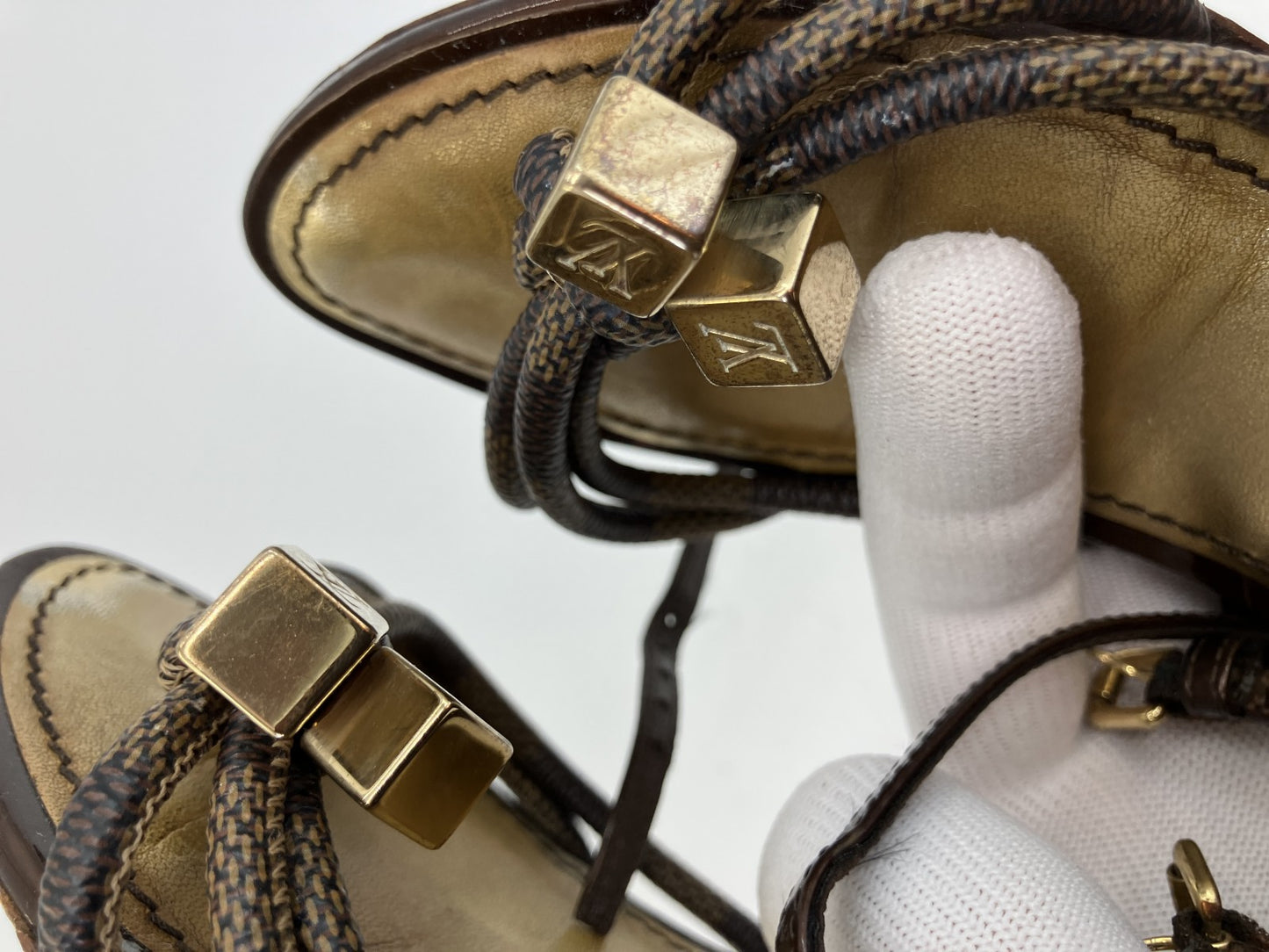 LOUIS VUITTON Damier Wedge Sandals Brown Gold Ankle Strap Women's
