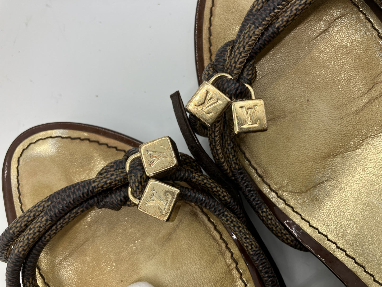 LOUIS VUITTON Damier Wedge Sandals Brown Gold Ankle Strap Women's