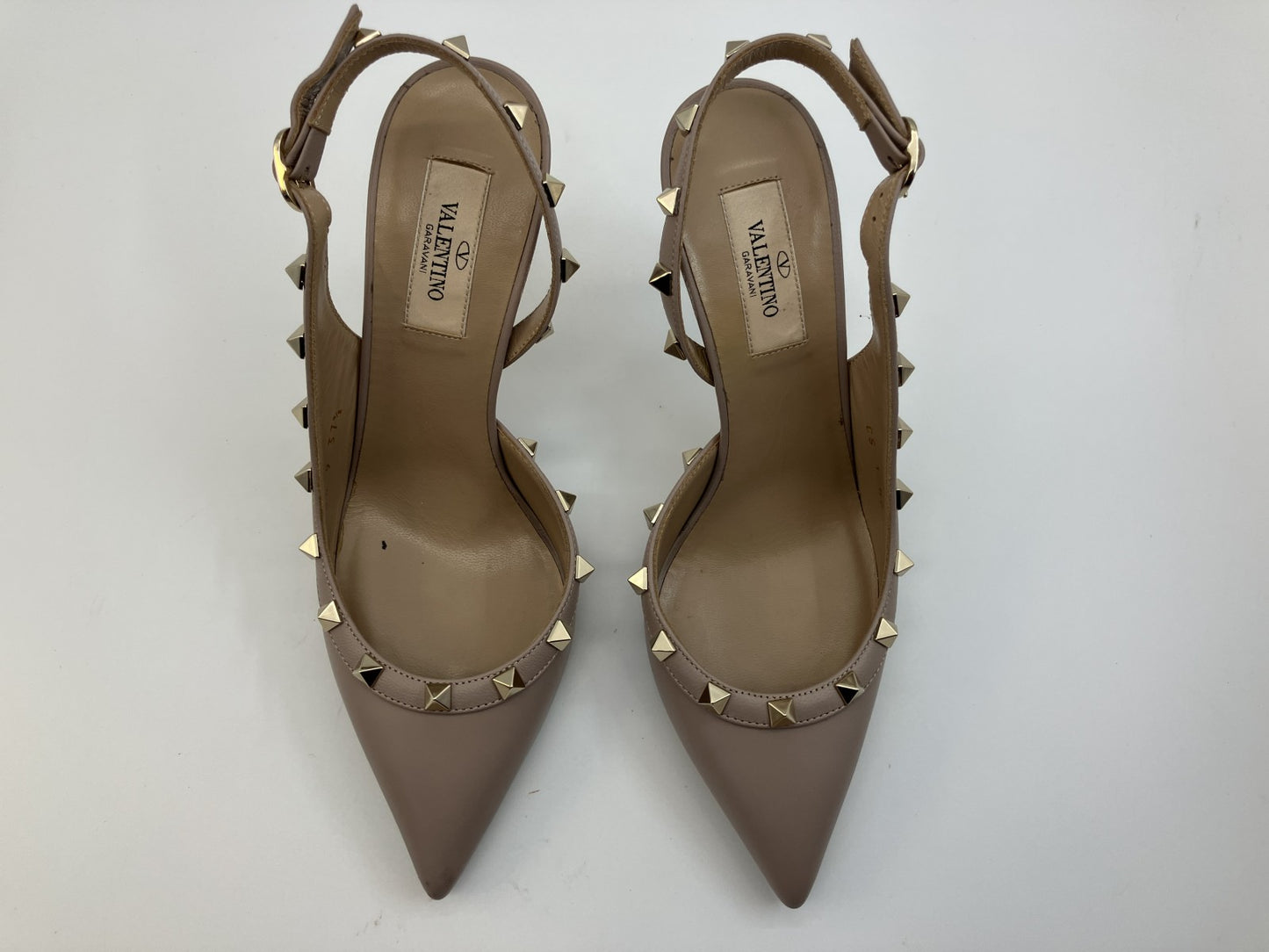 VALENTINO GARAVANI Rockstud Leather Slingback Pumps Nude Beige EU 37.5 Made in Italy Heel 9cm