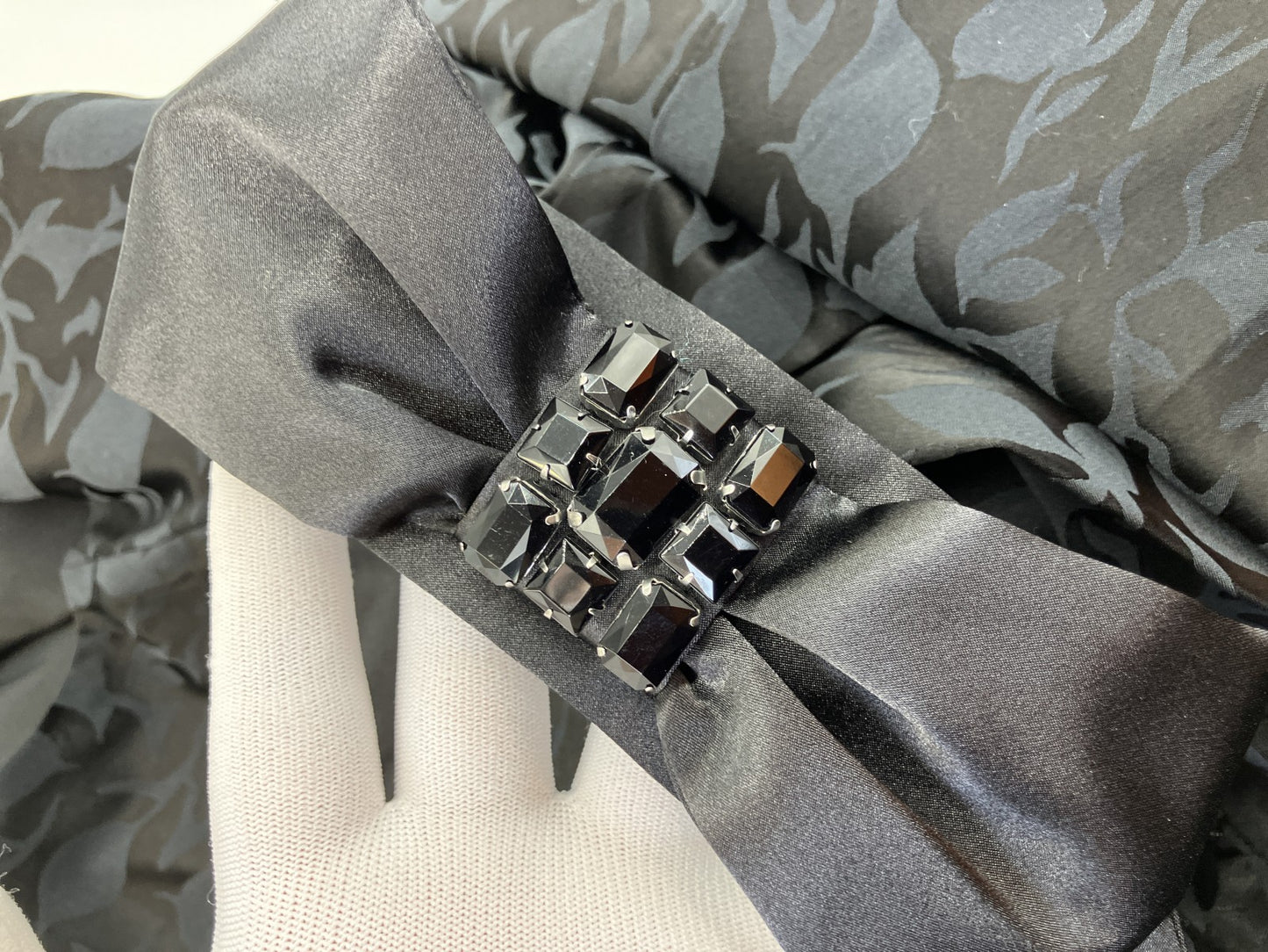 Made in Japan Black Floral Jacquard Dress Ribbon Belt Rhinestone Fit Flare