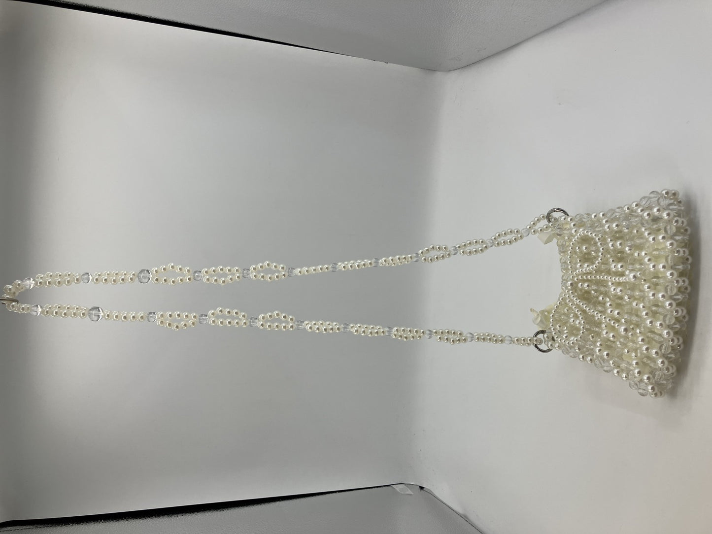 Faux Pearl Beaded Mini Shoulder Bag White Clear Chain Evening Purse