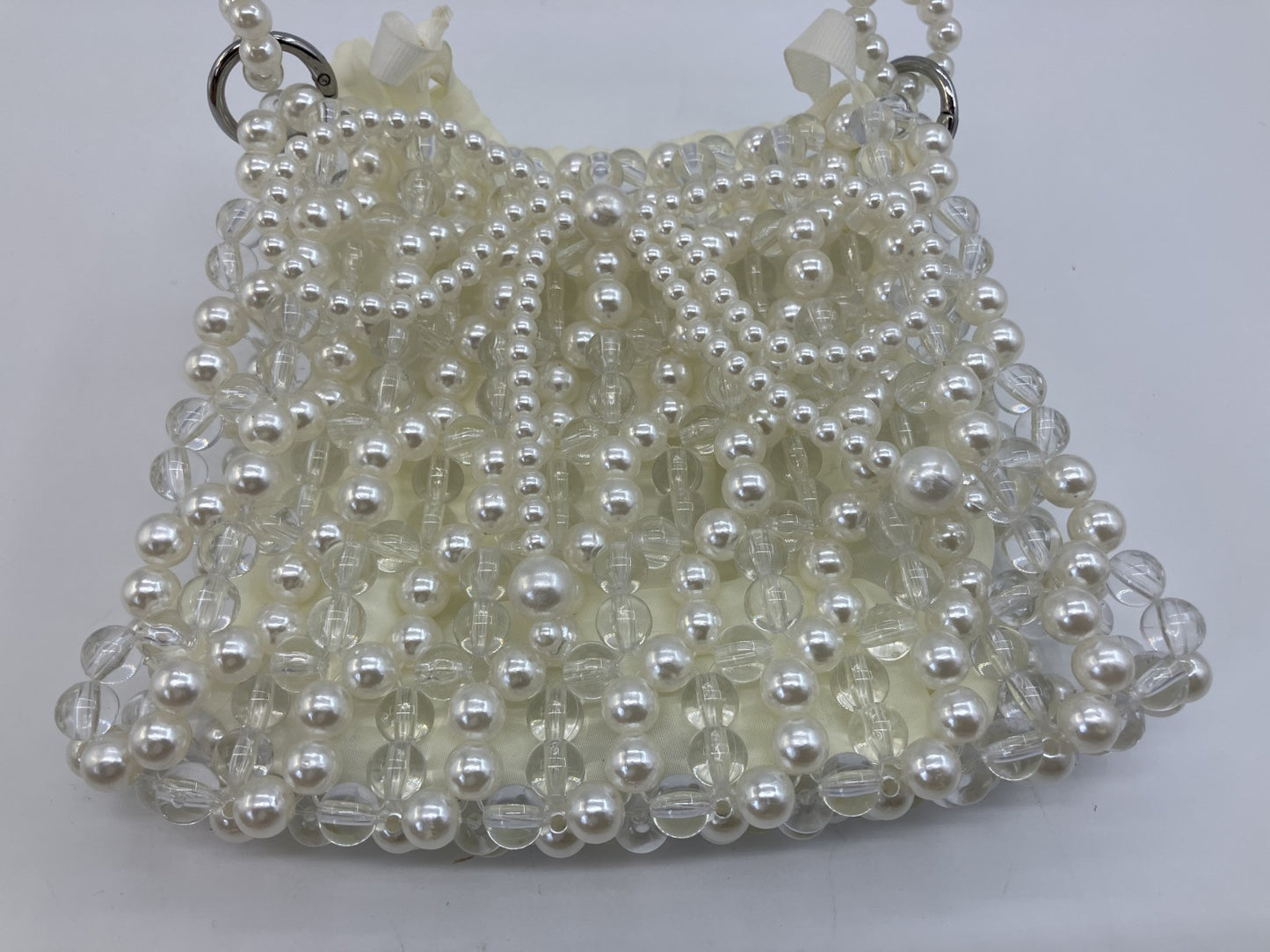 Faux Pearl Beaded Mini Shoulder Bag White Clear Chain Evening Purse