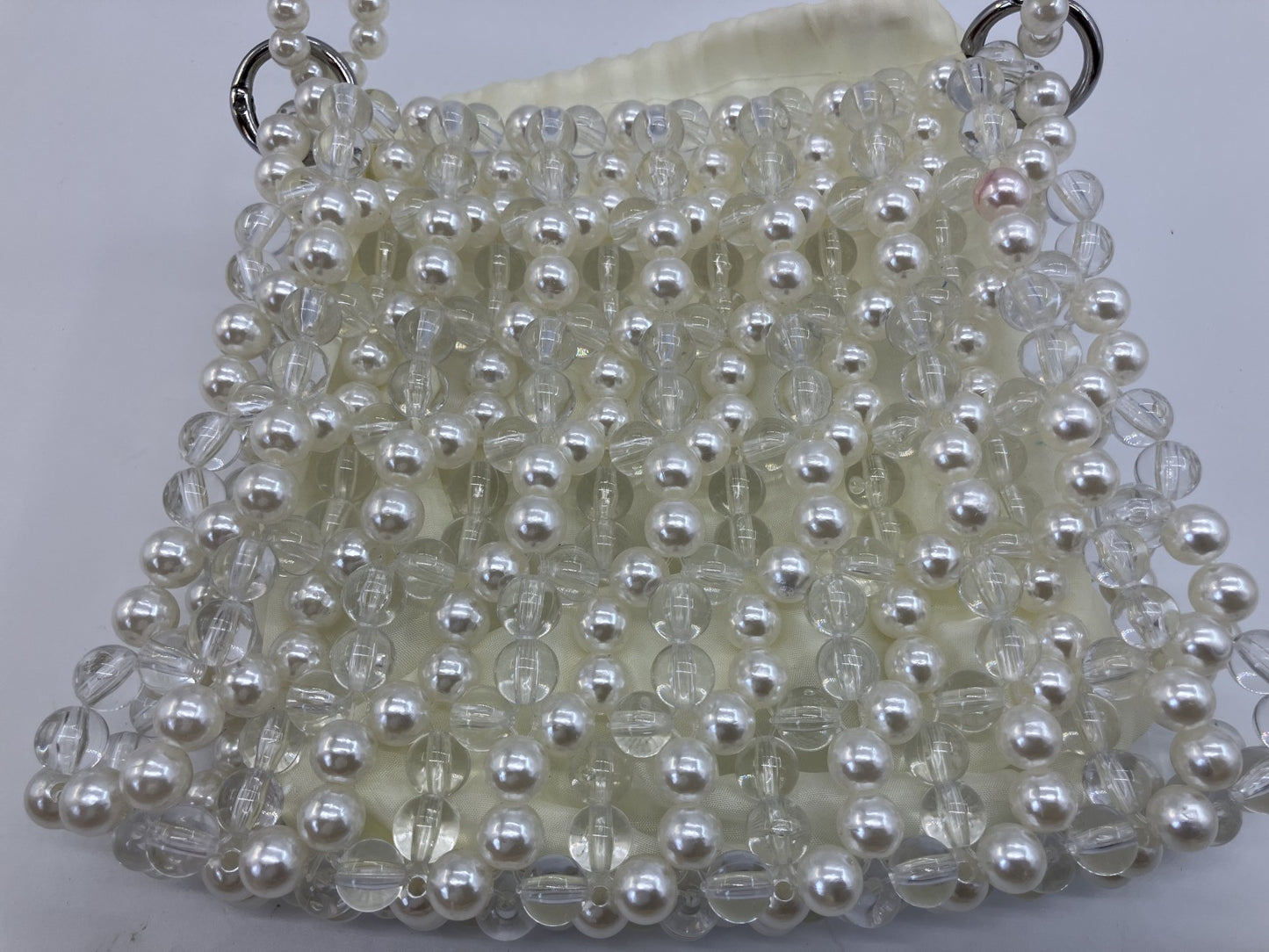 Faux Pearl Beaded Mini Shoulder Bag White Clear Chain Evening Purse