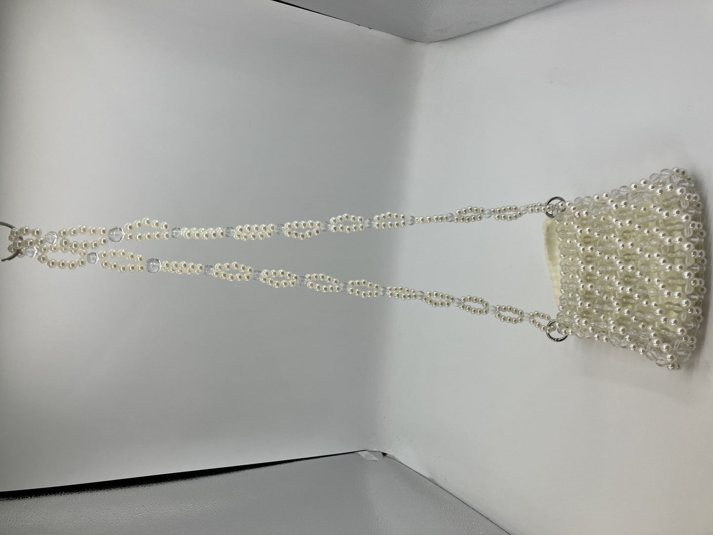 Faux Pearl Beaded Mini Shoulder Bag White Clear Chain Evening Purse