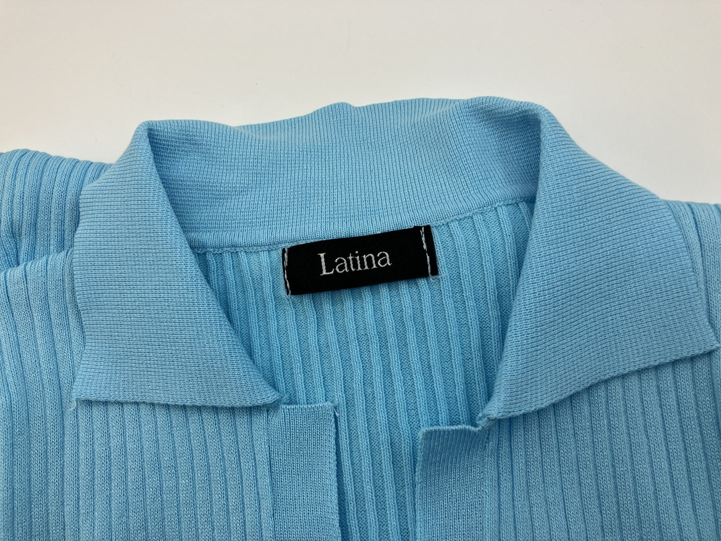 Latina ANAP Rib Knit Polo Collar Dress, Short Sleeves, Tight Fit, Mini Length, Light Blue, Size F, Model Worn