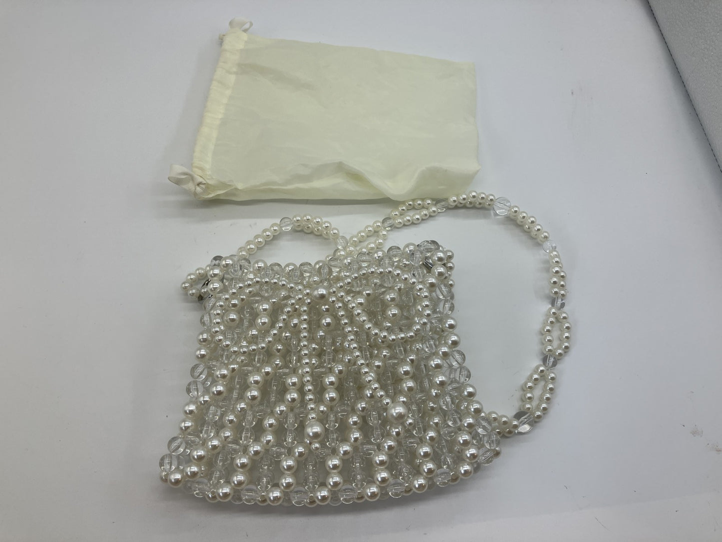 Faux Pearl Beaded Mini Shoulder Bag White Clear Chain Evening Purse