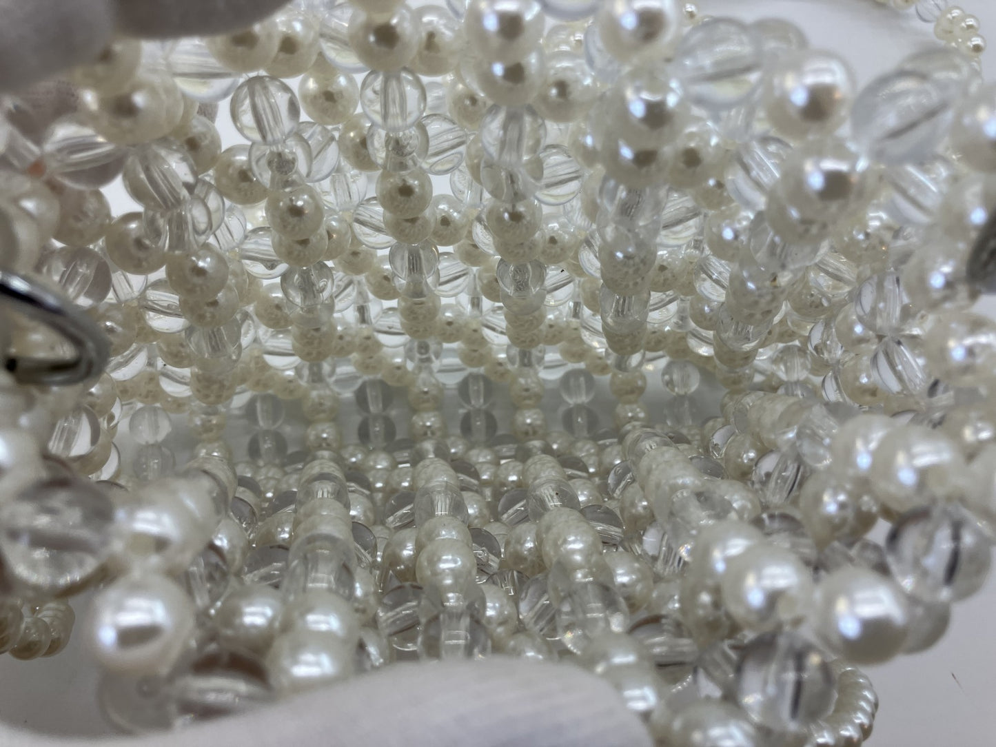 Faux Pearl Beaded Mini Shoulder Bag White Clear Chain Evening Purse