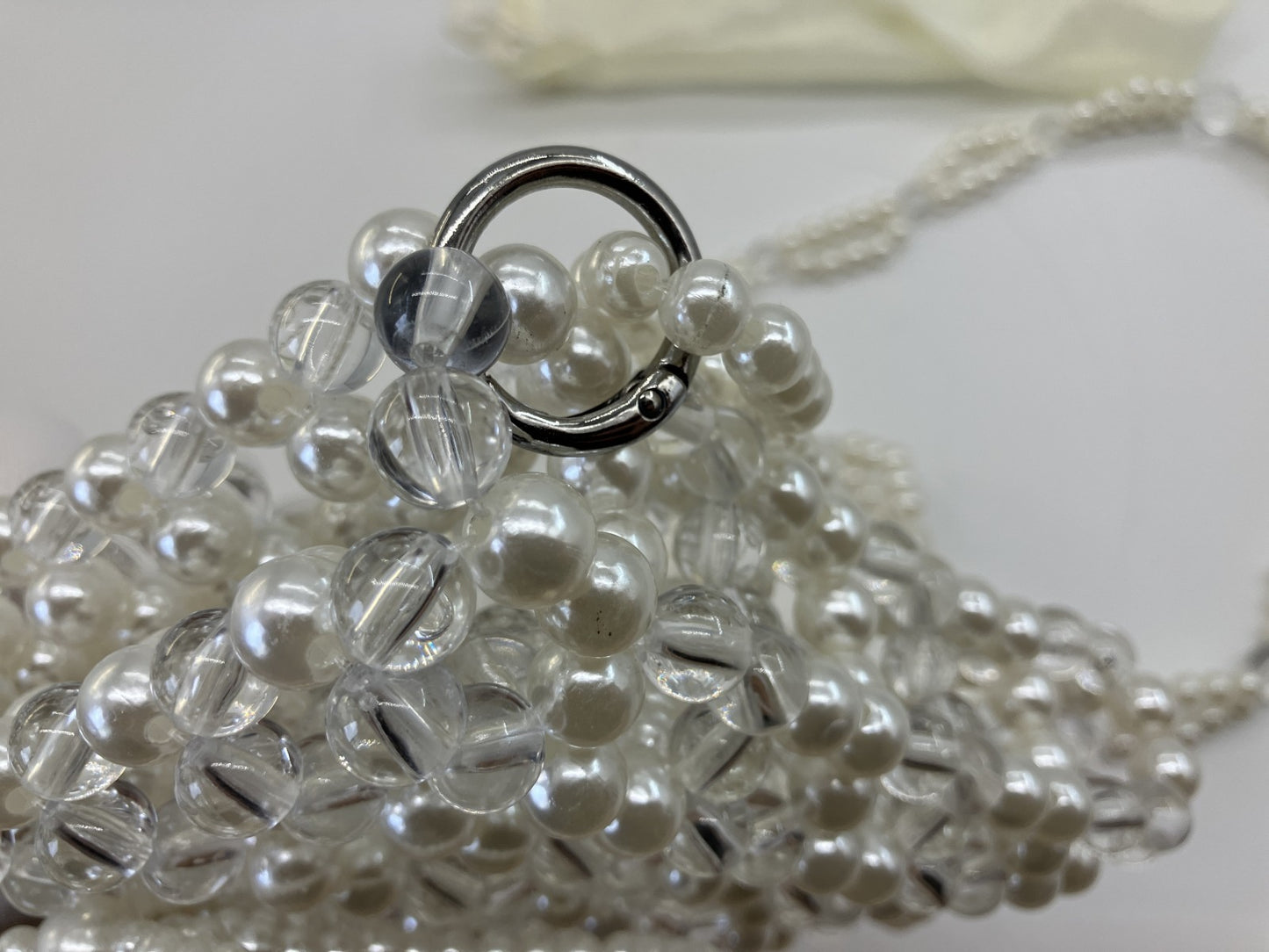 Faux Pearl Beaded Mini Shoulder Bag White Clear Chain Evening Purse