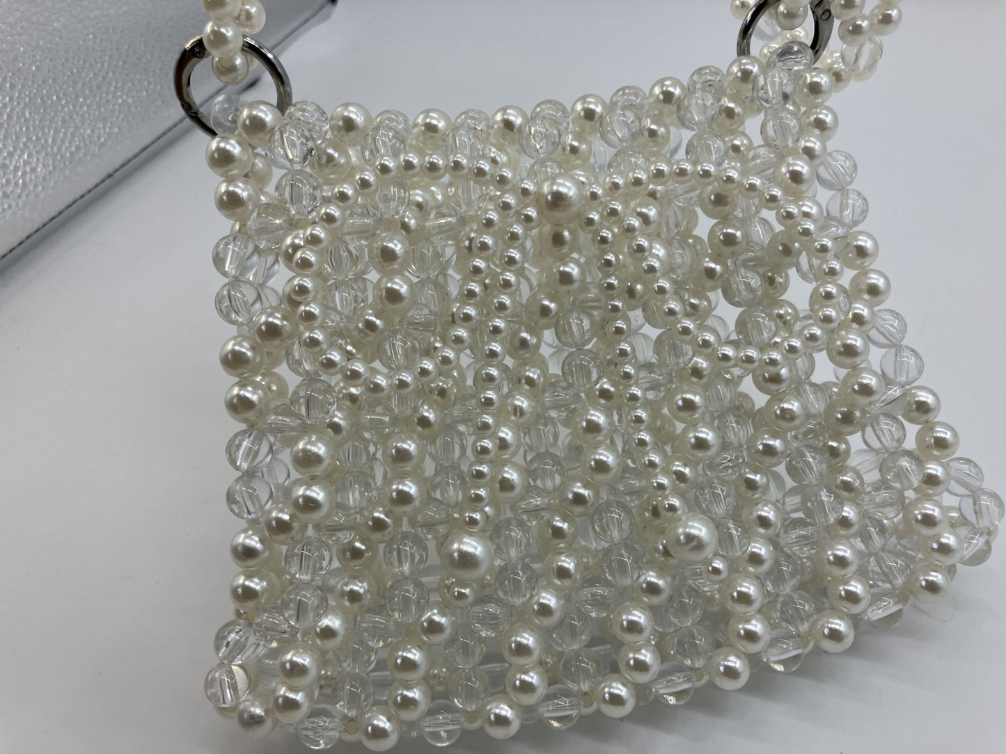 Faux Pearl Beaded Mini Shoulder Bag White Clear Chain Evening Purse