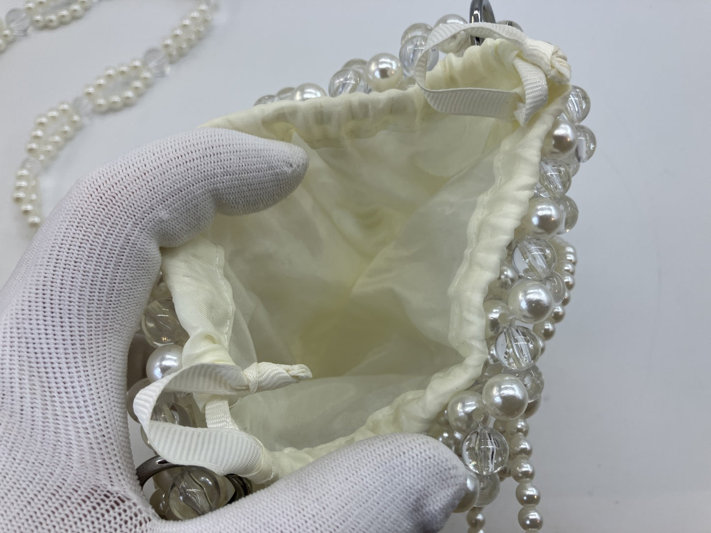 Faux Pearl Beaded Mini Shoulder Bag White Clear Chain Evening Purse