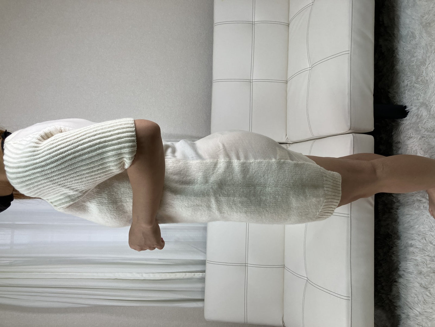 YOKO CHAN Wool Knit Dress Ivory Rib Sleeve Sheer Back Size 36 Japan