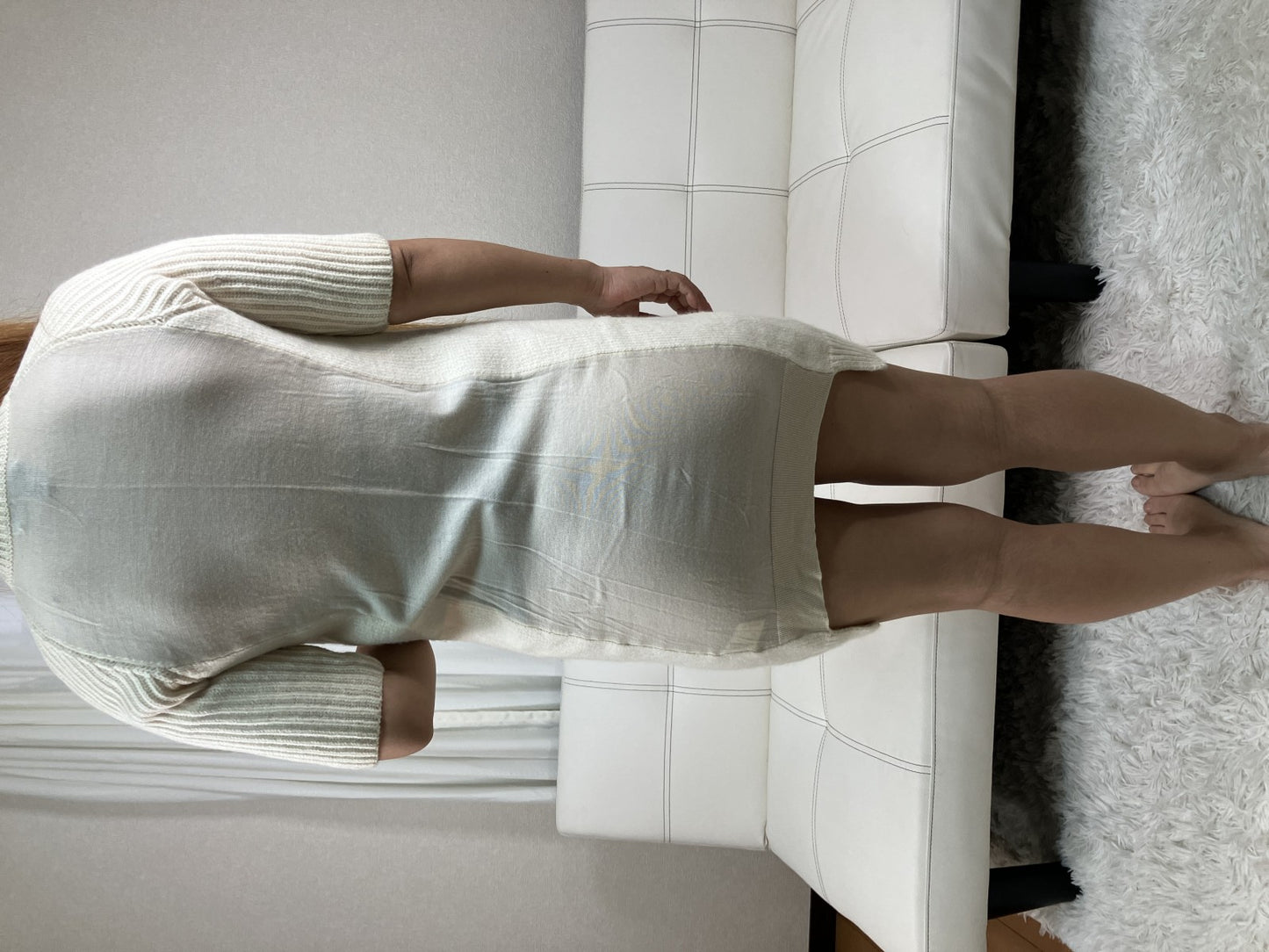 YOKO CHAN Wool Knit Dress Ivory Rib Sleeve Sheer Back Size 36 Japan