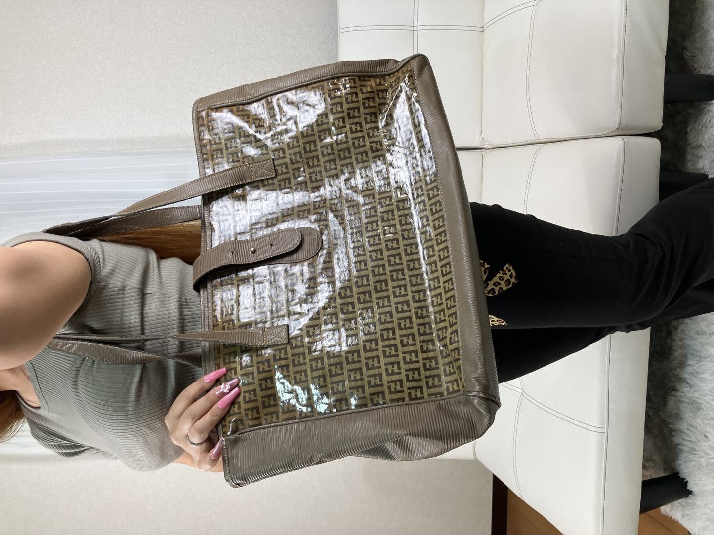 FENDI Zucca Enamel Tote Bag Brown FF Logo Shoulder PVC Italy Vintage