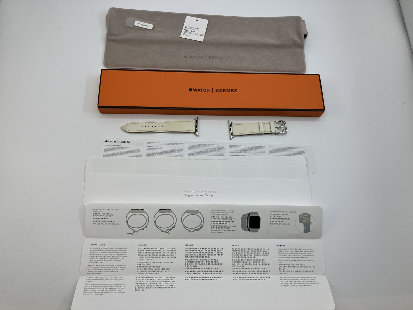HERMES Apple Watch Band Strap Leather DT38 38mm (Fits 38/40/41) White/Off-White Made in France Box Pouch