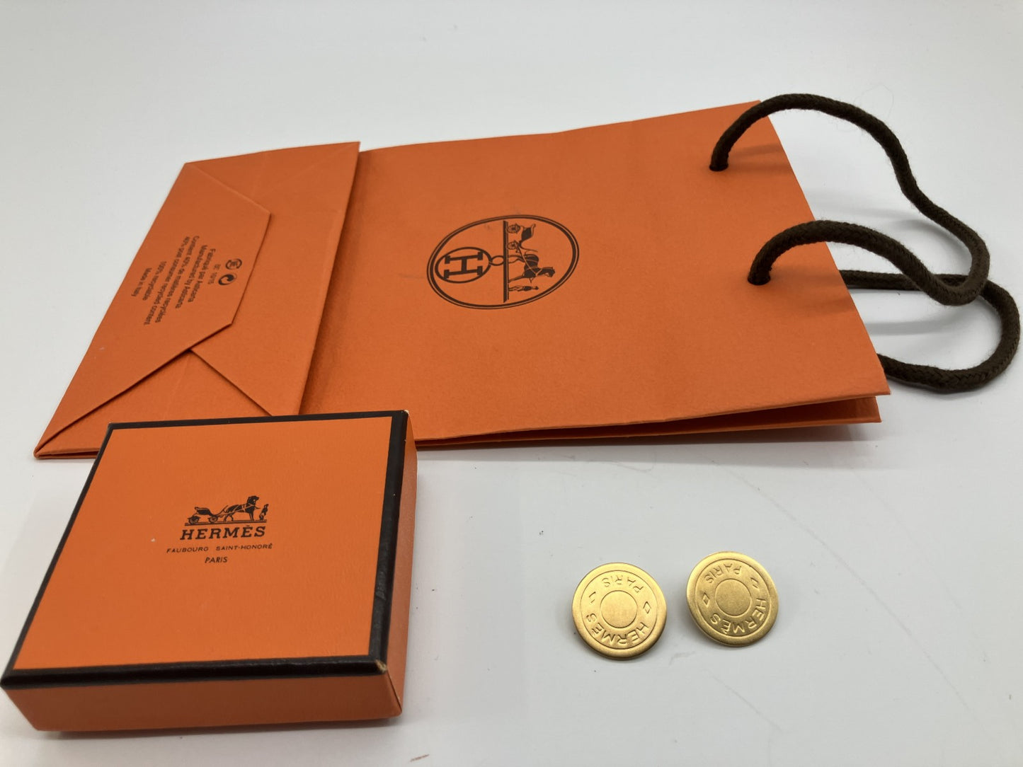 HERMES Sellier Clip On Earrings Gold Tone Round Vintage w/ Box Bag