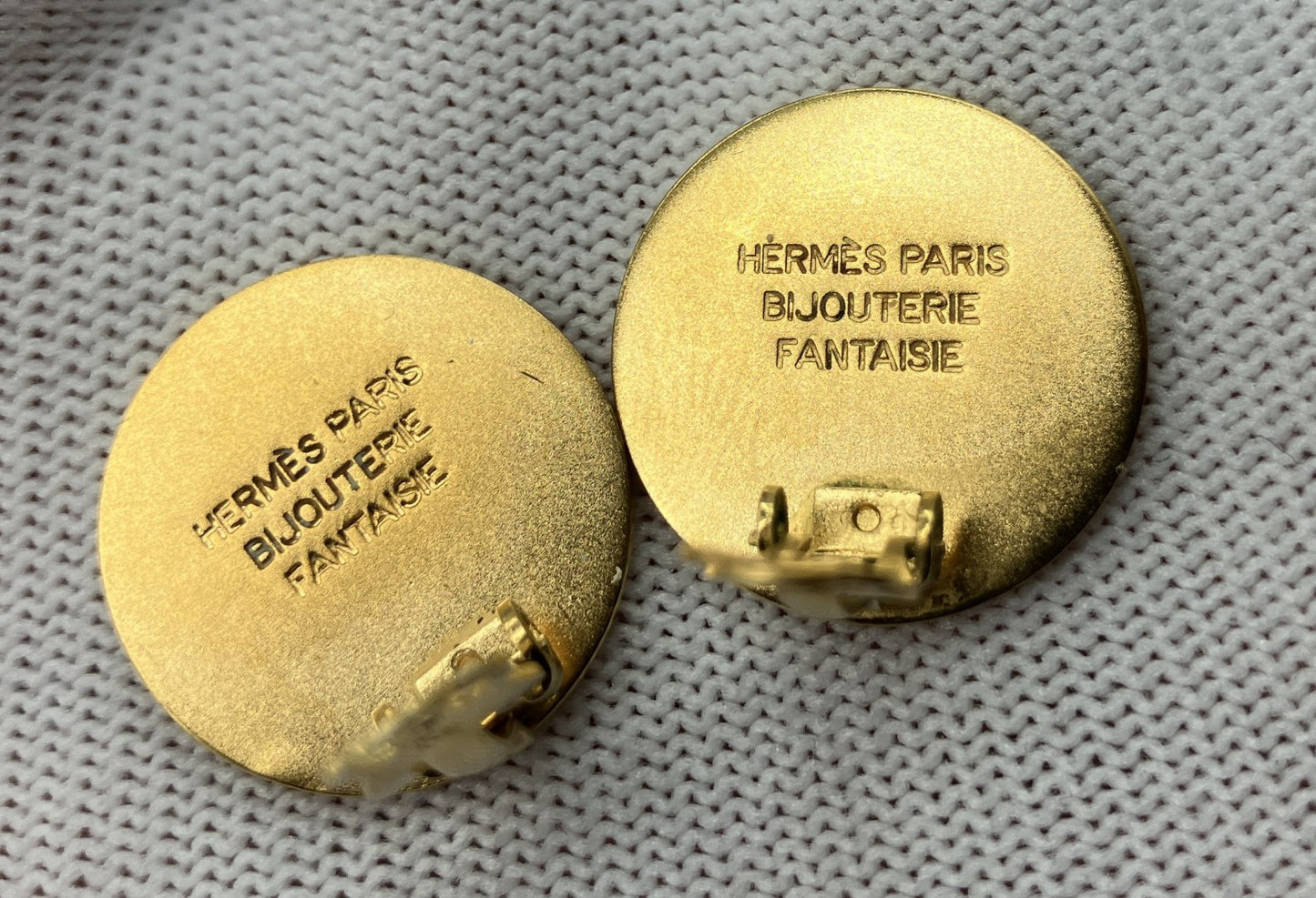 HERMES Sellier Clip On Earrings Gold Tone Round Vintage w/ Box Bag