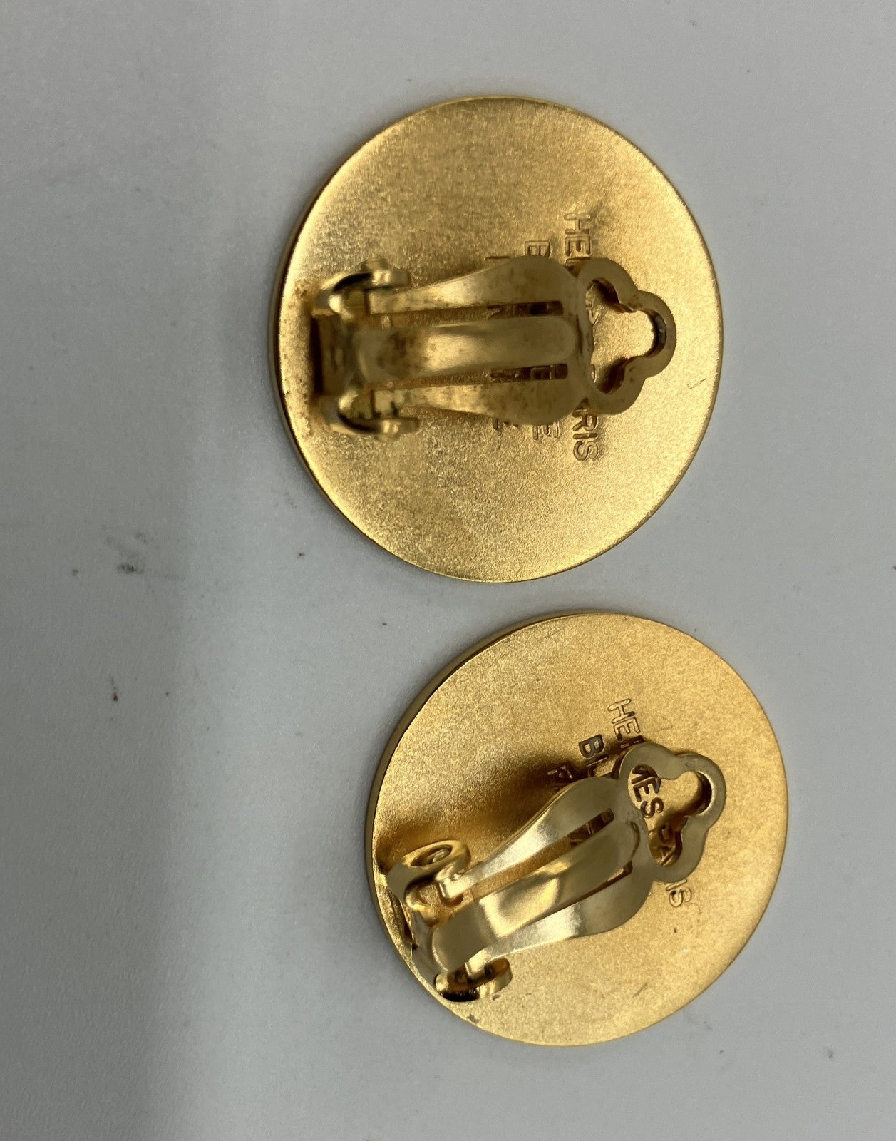 HERMES Sellier Clip On Earrings Gold Tone Round Vintage w/ Box Bag
