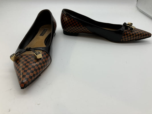 LOUIS VUITTON Damier Enamel (JP 22.5cm)(US 5.5)(8.86 inch)(EU 35.5) LV Cube Ribbon Pumps Brown &amp; Black จัดส่งฟรี 