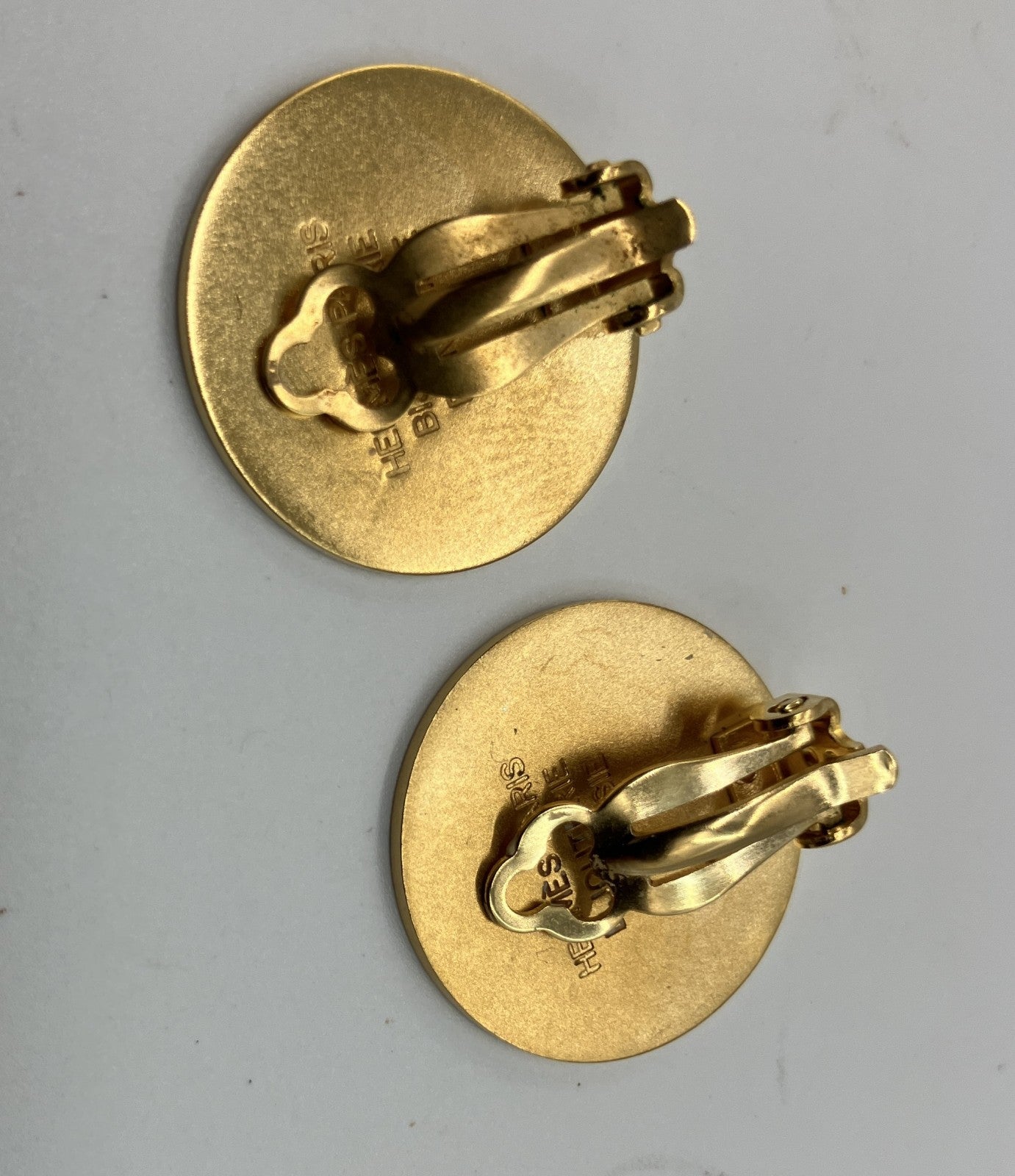 HERMES Sellier Clip On Earrings Gold Tone Round Vintage w/ Box Bag