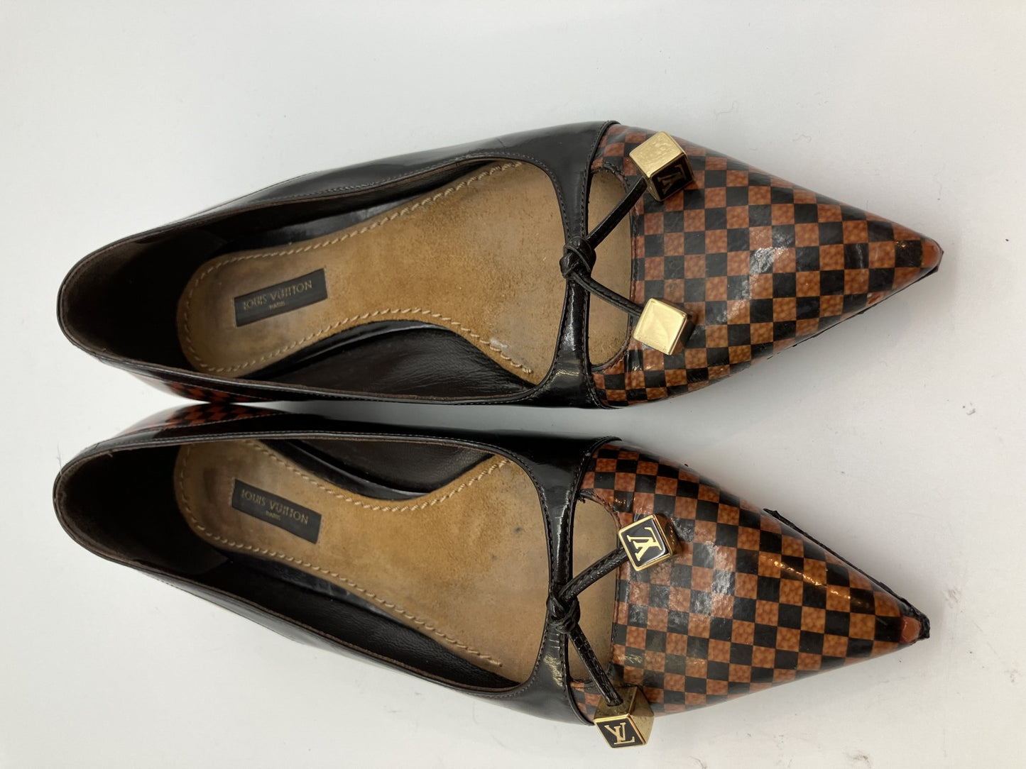 LOUIS VUITTON Damier Enamel (JP 22.5cm)(US 5.5)(8.86 inch)(EU 35.5) LV Cube Ribbon Pumps Brown &amp; Black Free Shipping 