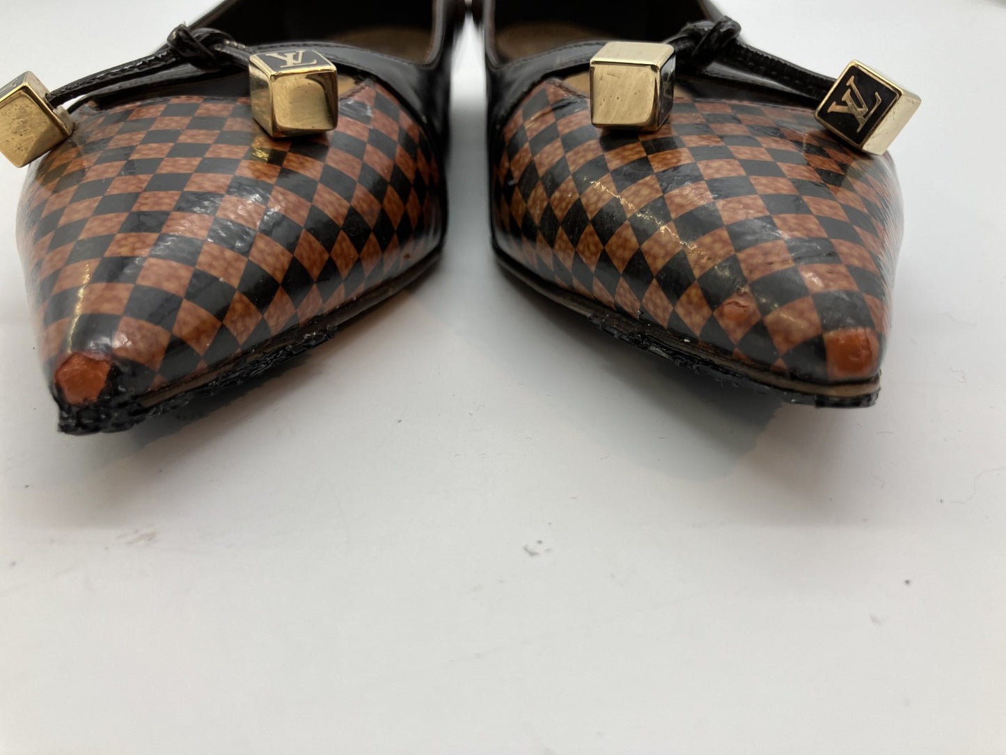 LOUIS VUITTON Damier Enamel (JP 22.5cm)(US 5.5)(8.86 inch)(EU 35.5) LV Cube Ribbon Pumps Brown &amp; Black Free Shipping 