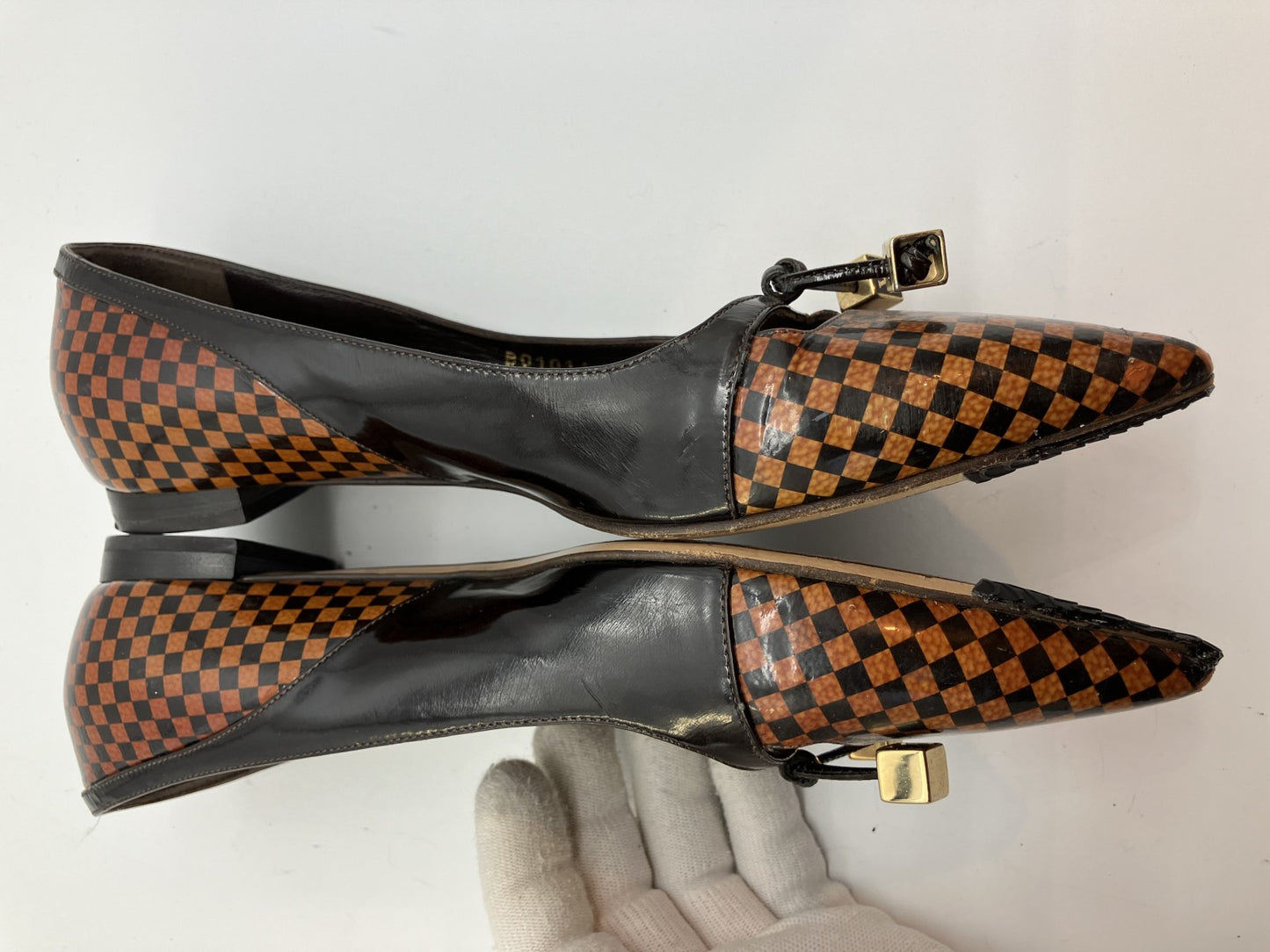 LOUIS VUITTON Damier Enamel (JP 22.5cm)(US 5.5)(8.86 inch)(EU 35.5) LV Cube Ribbon Pumps Brown &amp; Black Free Shipping 