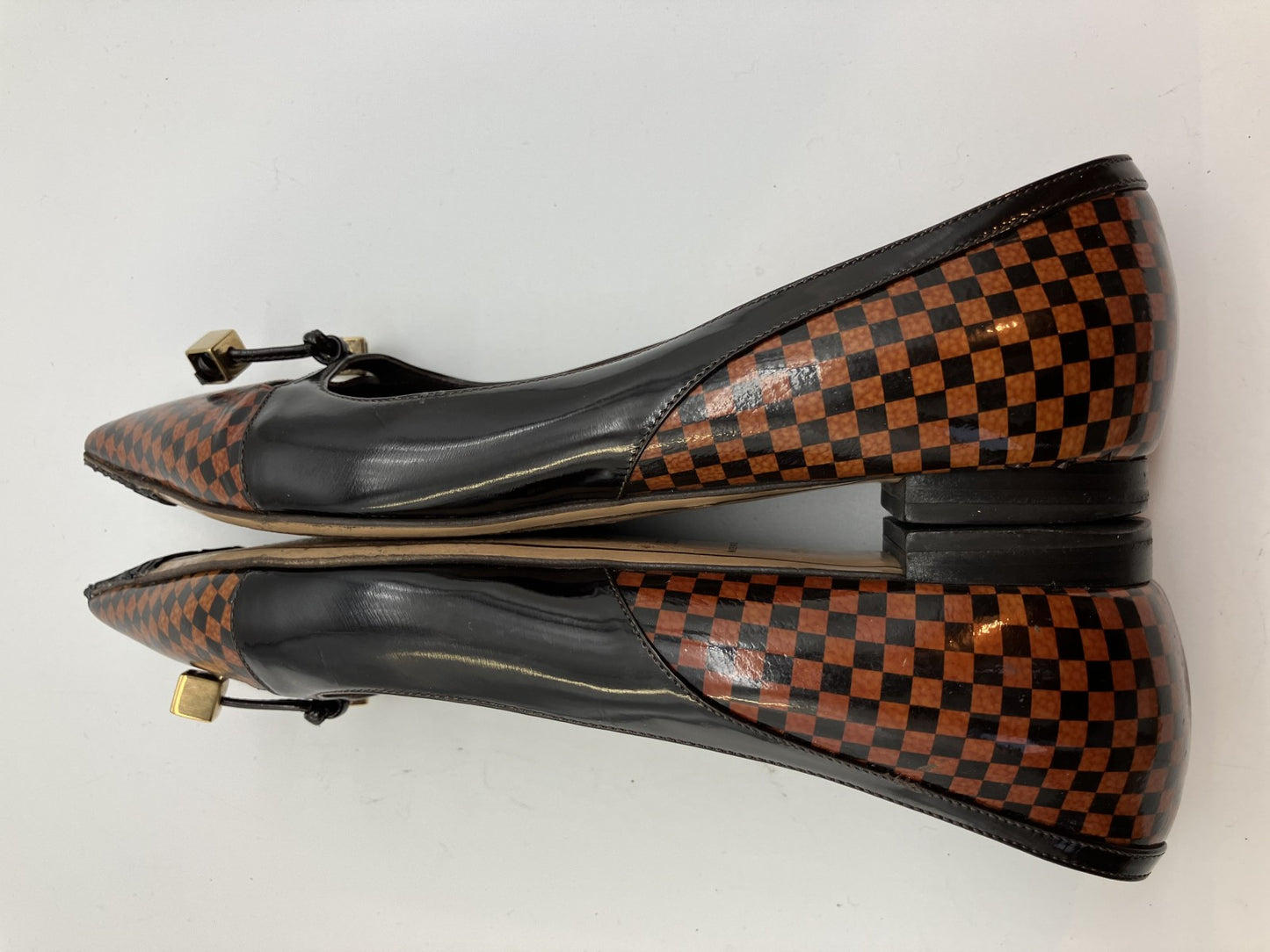 LOUIS VUITTON Damier Enamel (JP 22.5cm)(US 5.5)(8.86 inch)(EU 35.5) LV Cube Ribbon Pumps Brown &amp; Black Free Shipping 