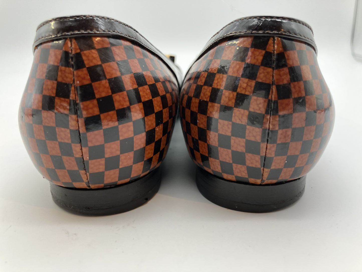 LOUIS VUITTON Damier Enamel (JP 22.5cm)(US 5.5)(8.86 inch)(EU 35.5) LV Cube Ribbon Pumps Brown &amp; Black Free Shipping 