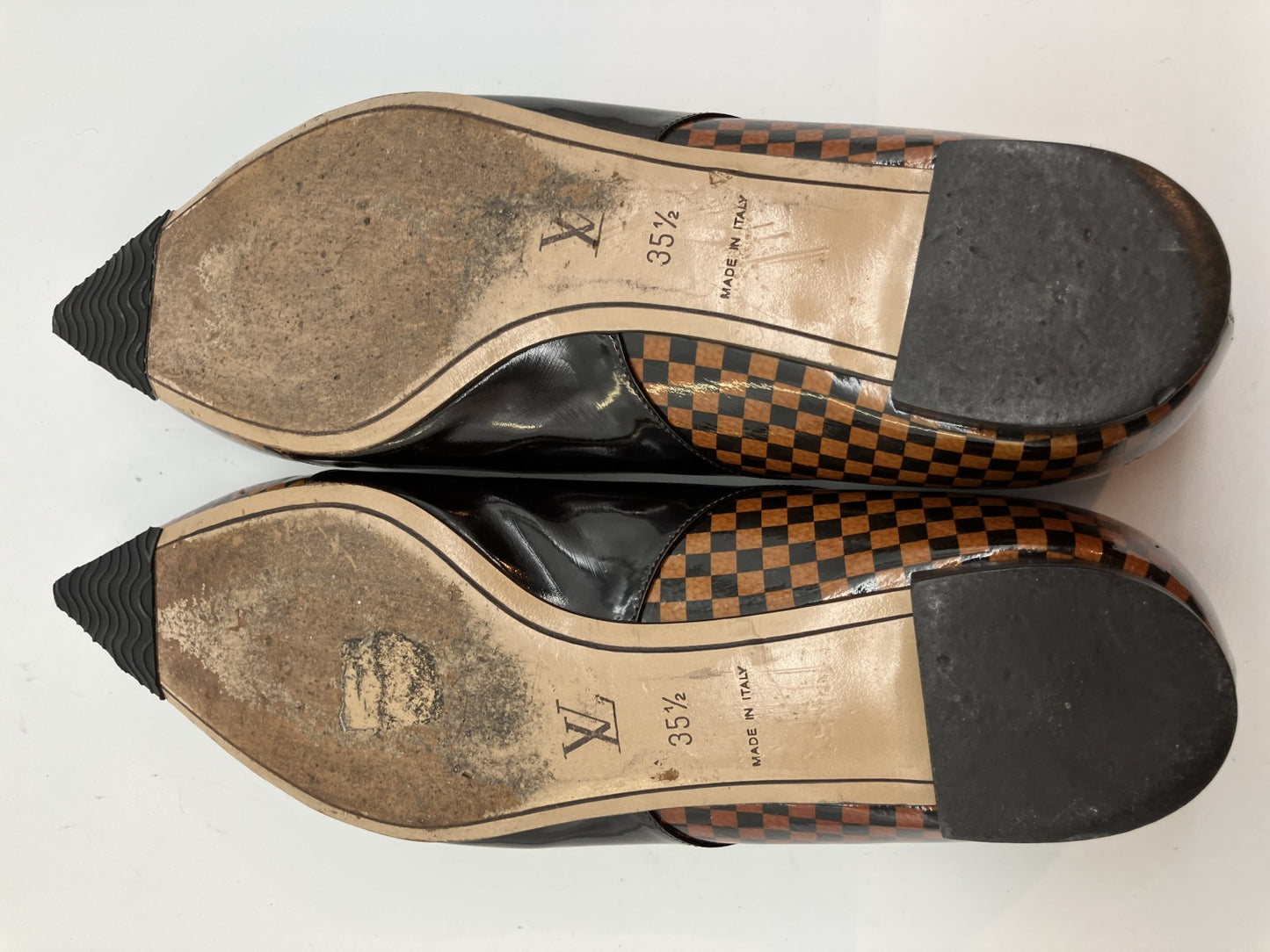 LOUIS VUITTON Damier Enamel (JP 22.5cm)(US 5.5)(8.86 inch)(EU 35.5) LV Cube Ribbon Pumps Brown &amp; Black Free Shipping 