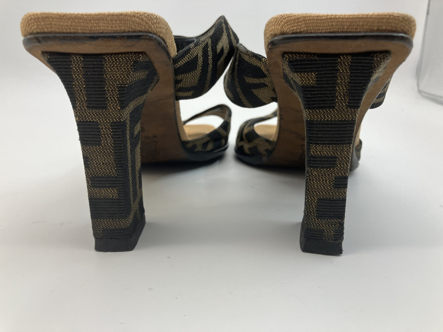 FENDI Zucca Canvas Sandals Block Heel EU 37 US 6.5–7 Brown Black Repaired Heel