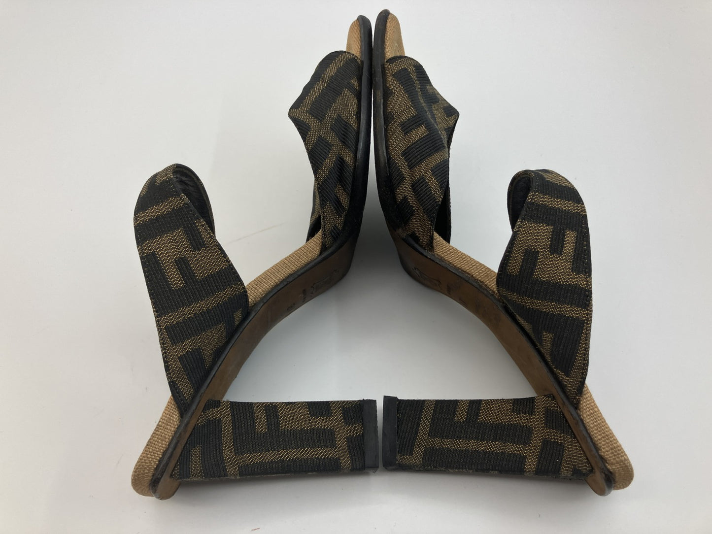 FENDI Zucca Canvas Sandals Block Heel EU 37 US 6.5–7 Brown Black Repaired Heel