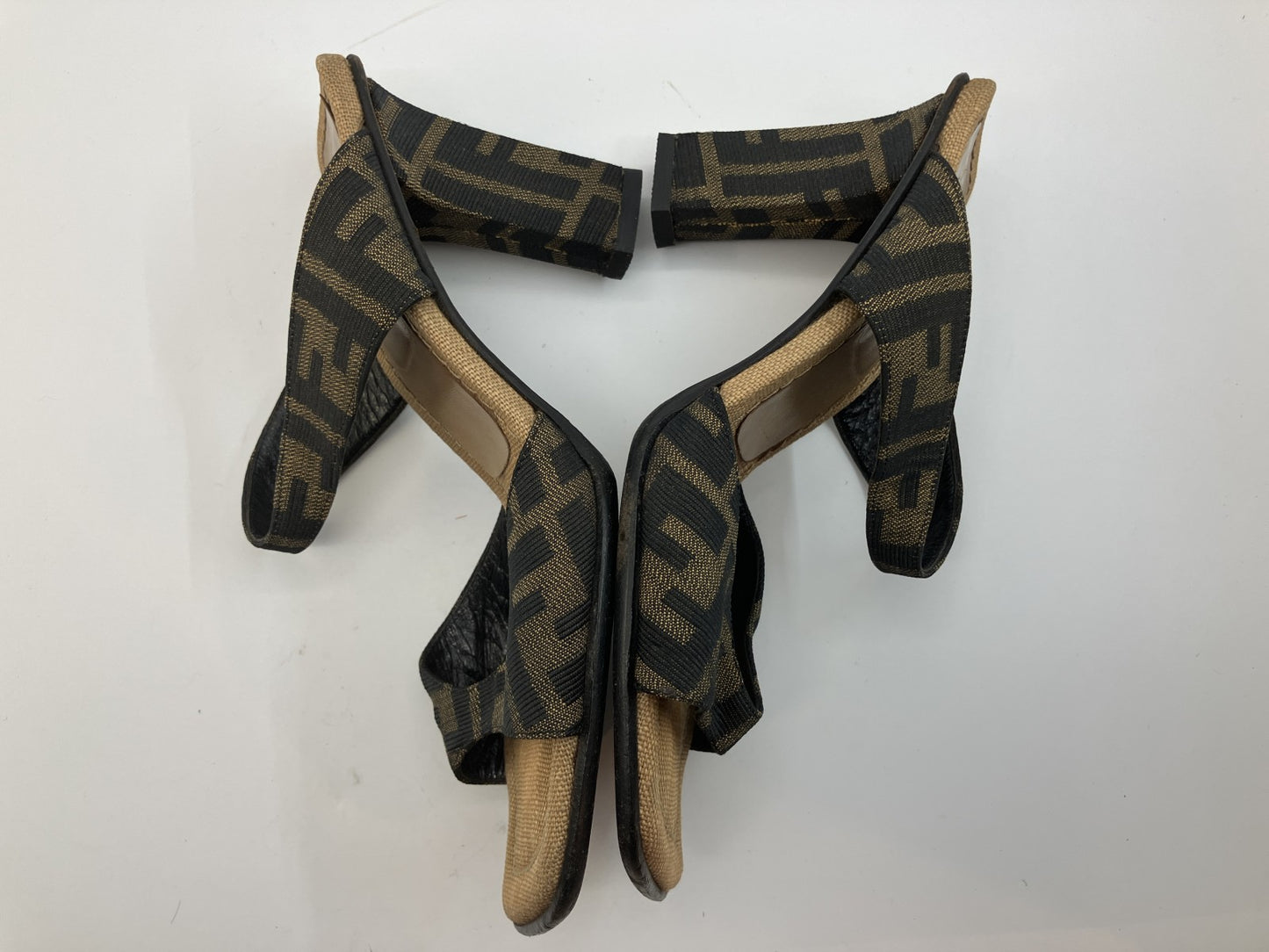 FENDI Zucca Canvas Sandals Block Heel EU 37 US 6.5–7 Brown Black Repaired Heel